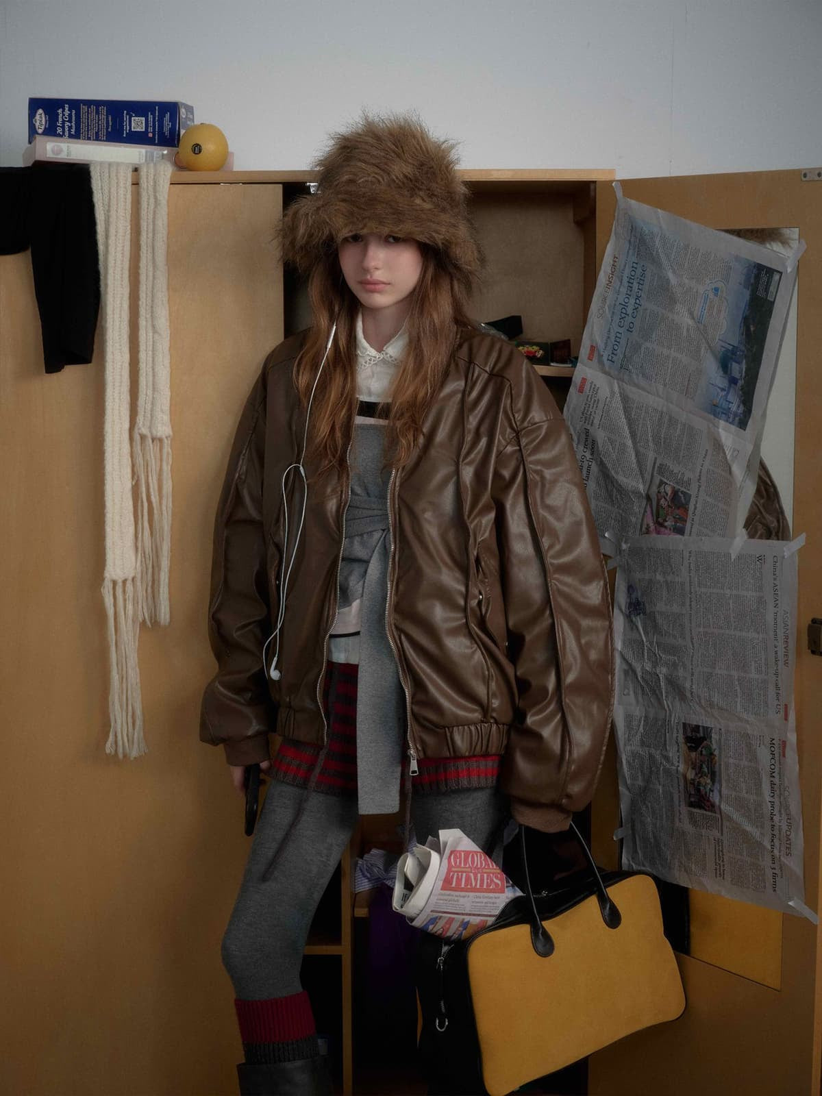 Retro Brown Faux Leather Zip-Up Bomber Jacket