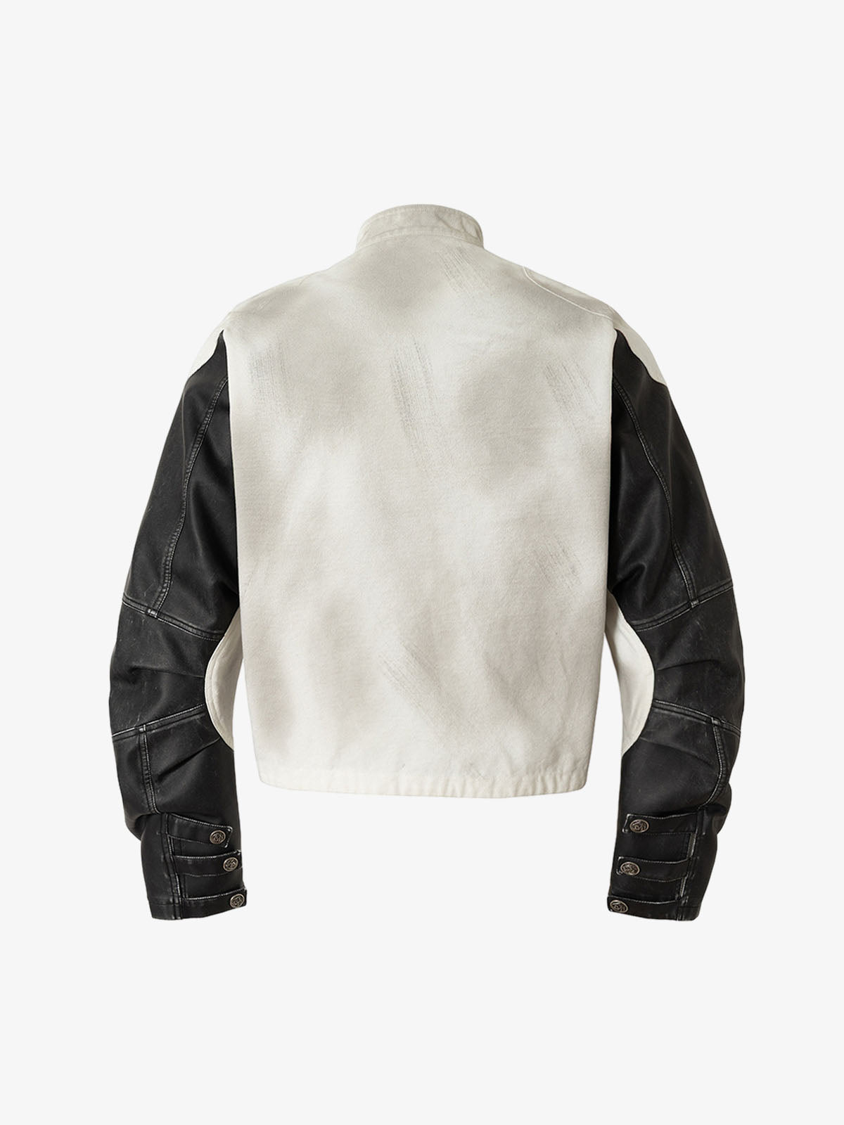 Skull Print Paneled Stand-Up Collar Leather Jacket