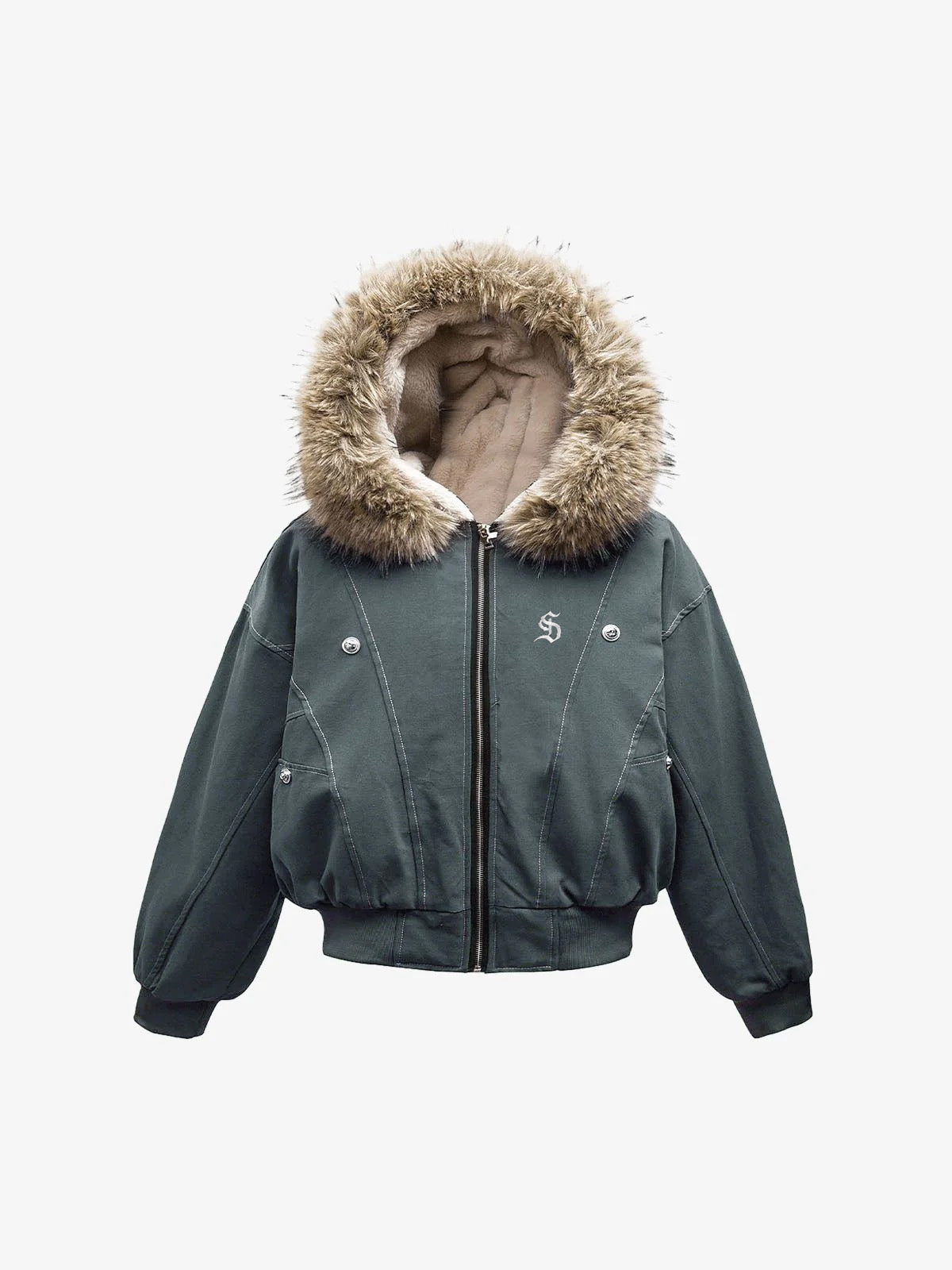 Faux Fur Lined Zip Up Hooded Bomber Jacket