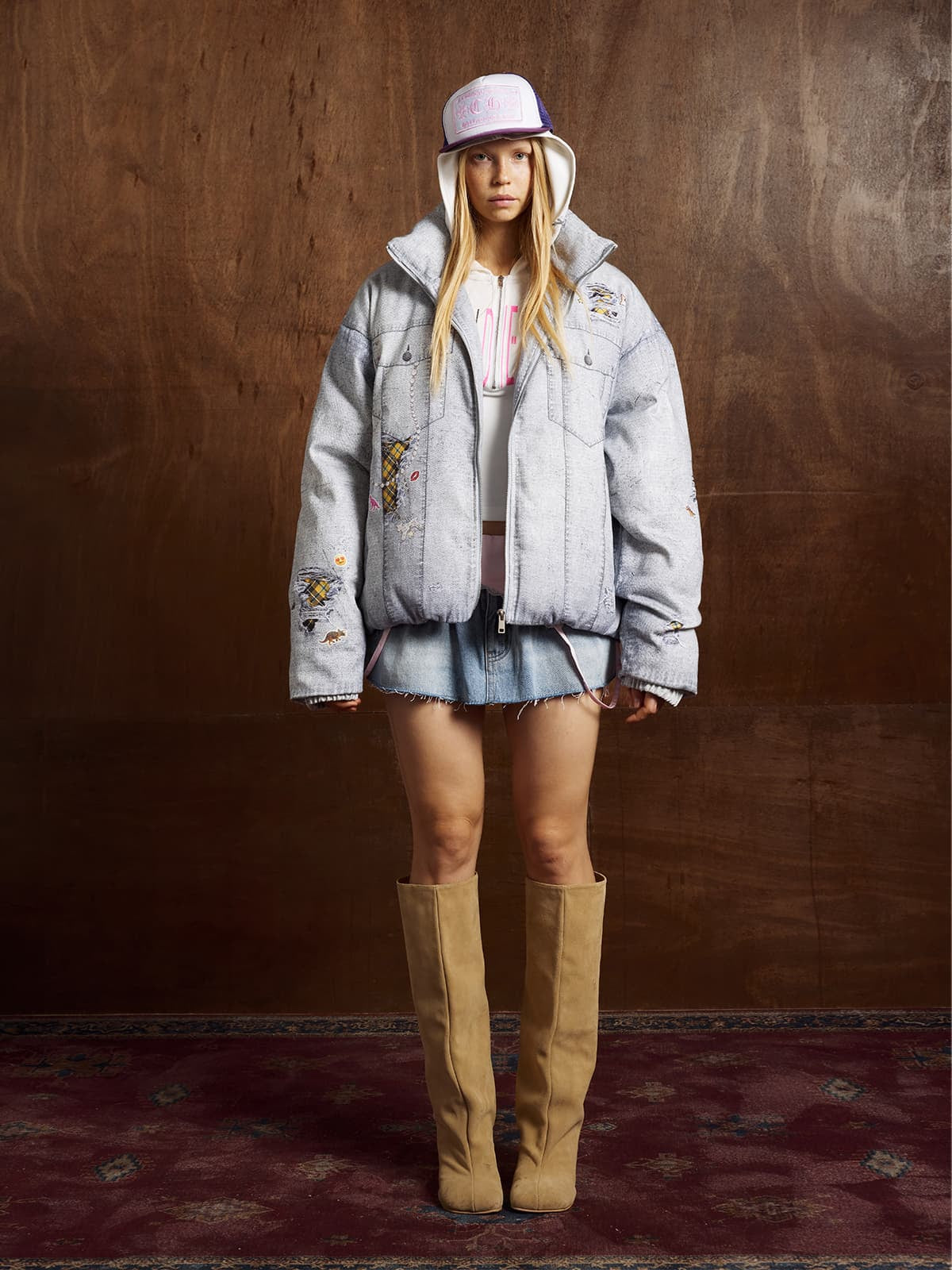 Street Illusion Denim Print Stand Collar Padded Cotton Jacket