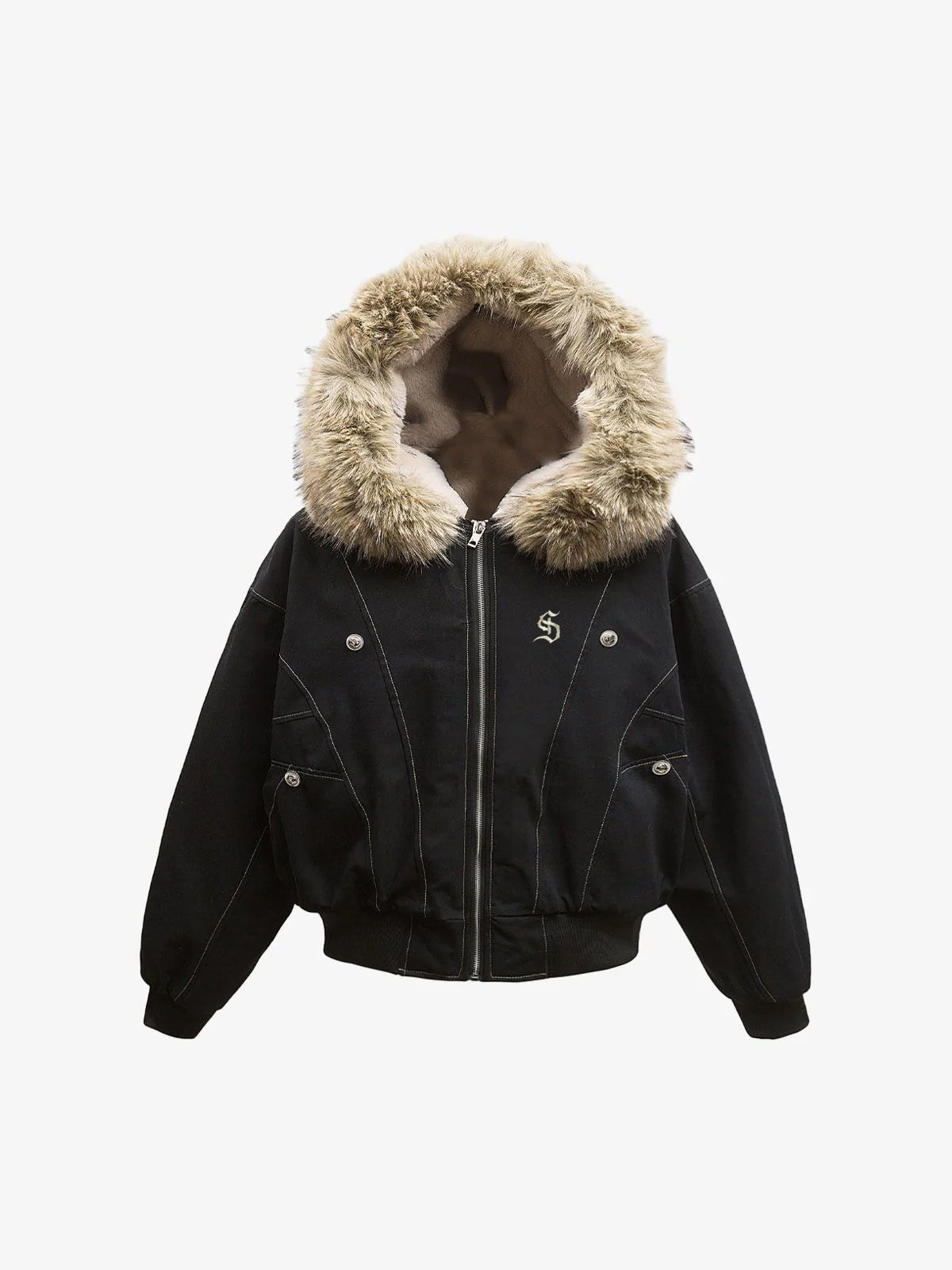 Faux Fur Lined Zip Up Hooded Bomber Jacket
