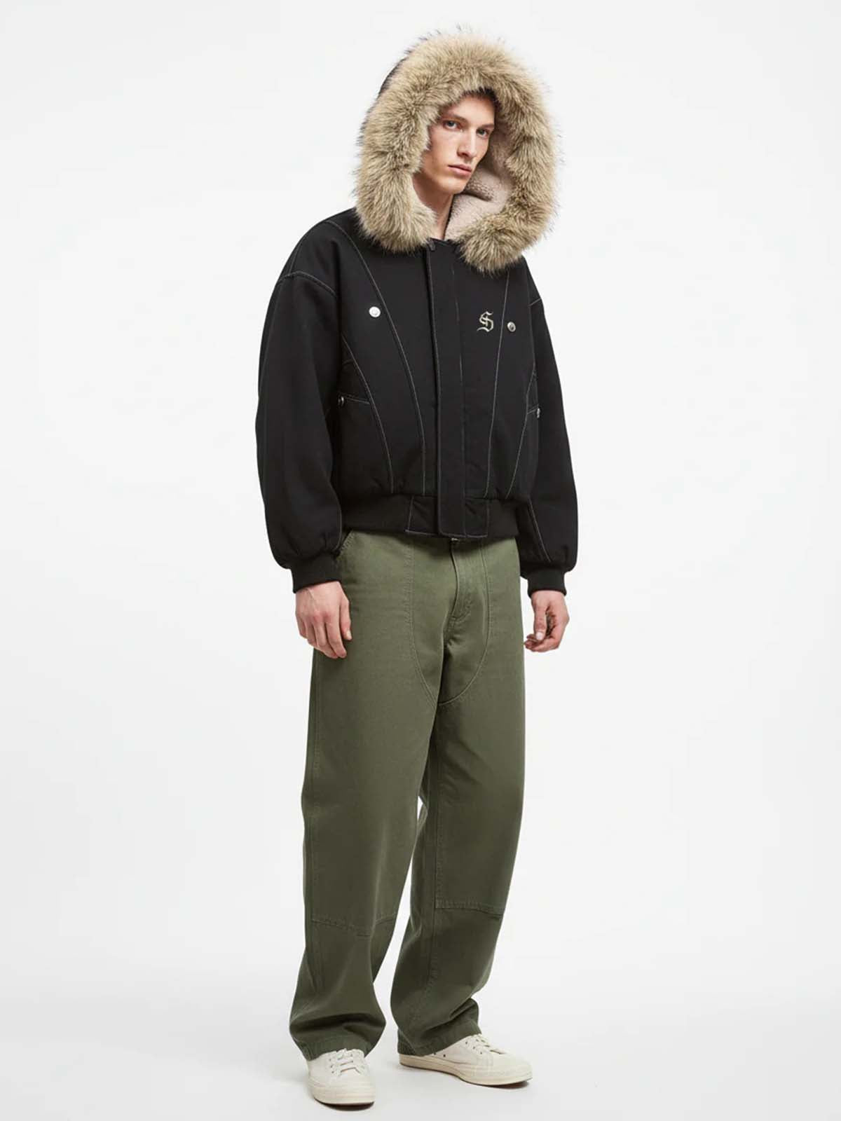 Faux Fur Lined Zip Up Hooded Bomber Jacket