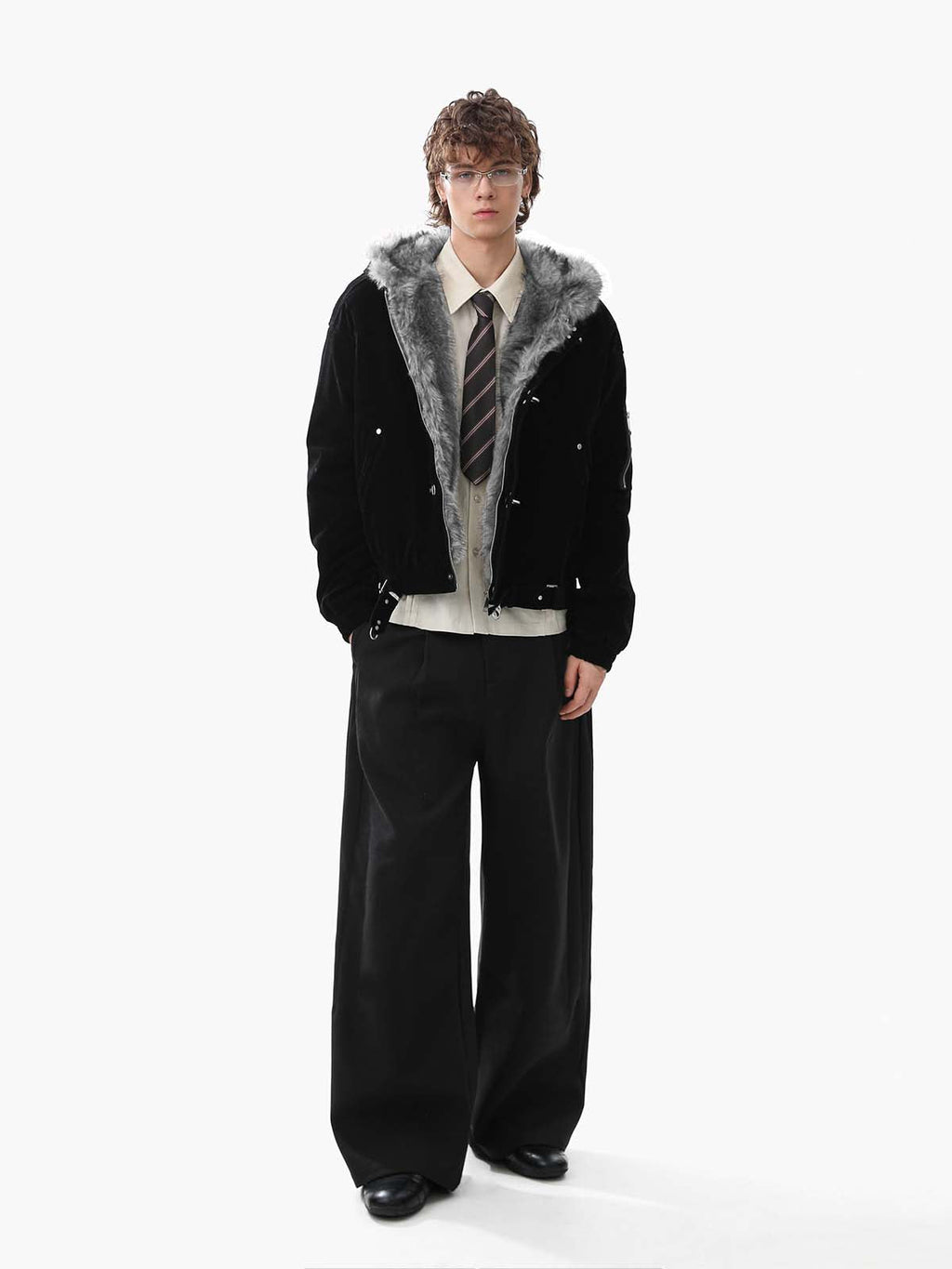 Streetwear Metal Clip Faux Fur Hooded Suede Bomber Jacket