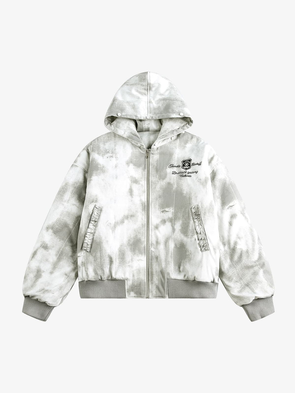 Vintage Tie-Dye Detachable Fur Collar Hooded Bomber Jacket