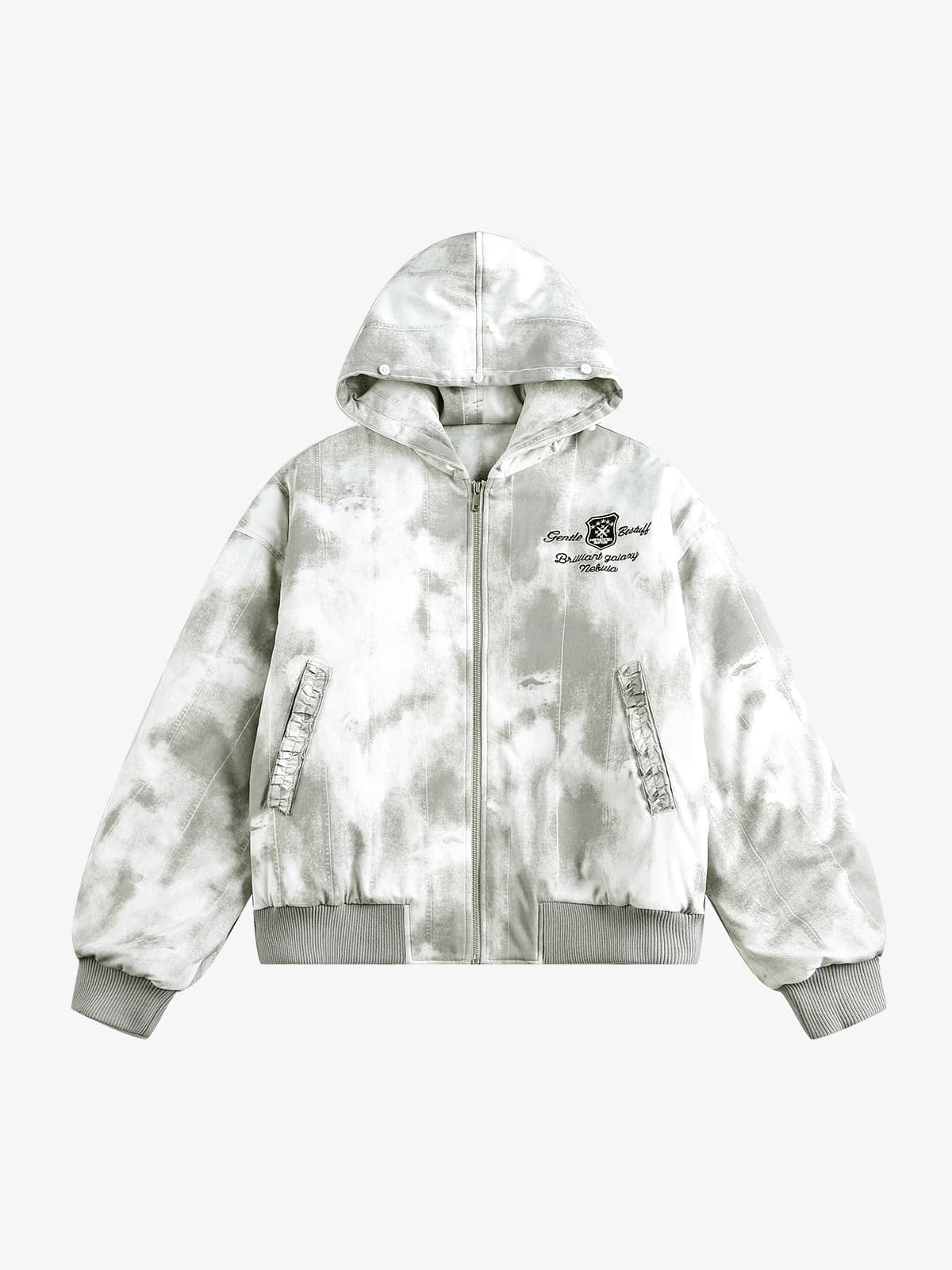 Vintage Tie-Dye Detachable Fur Collar Hooded Bomber Jacket