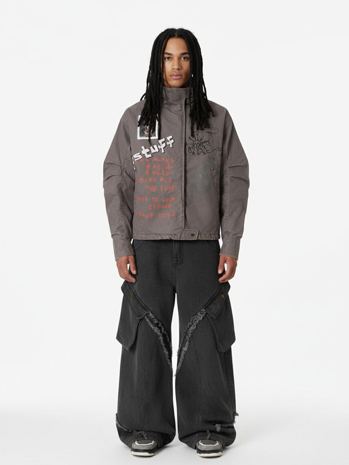 Street Graffiti Distressed High-Neck Padded Cotton Jacket