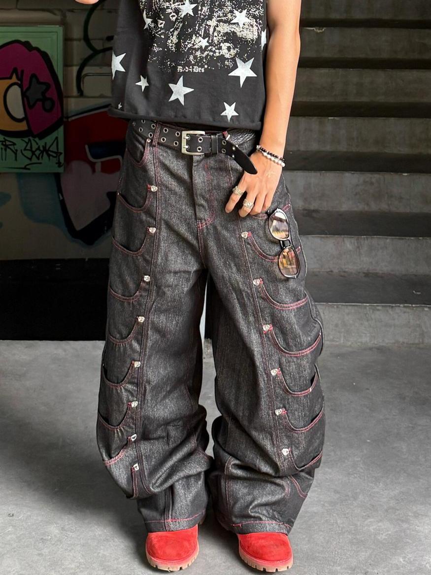 Metal Buckle Stitching Straight Leg Jeans | Inflation Streetwear