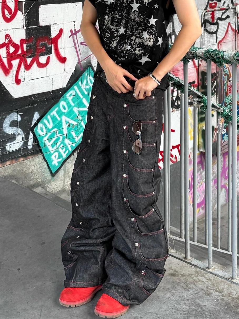 Metal Buckle Stitching Straight Leg Jeans | Inflation Streetwear