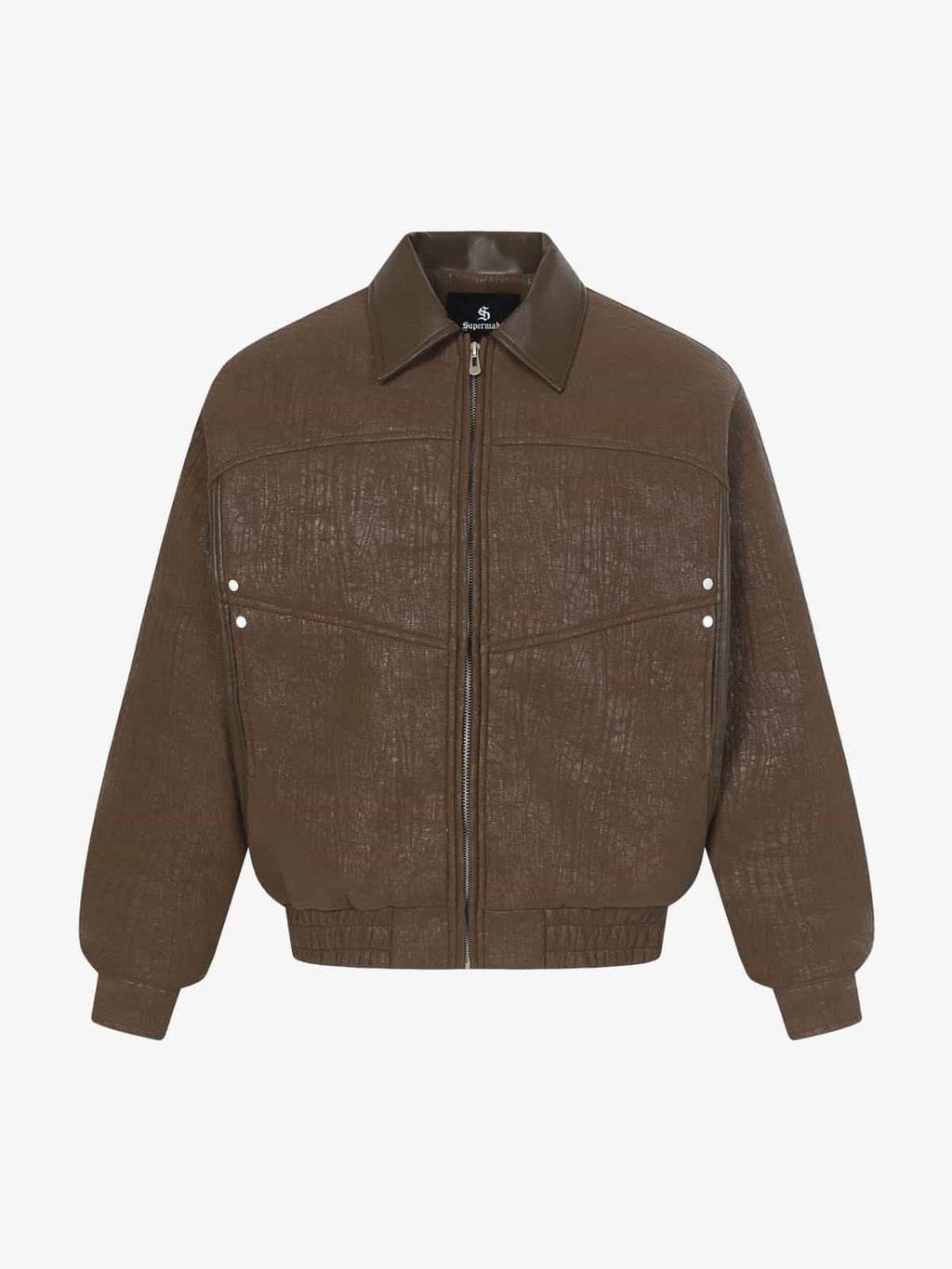 Retro Textured PU Patchwork Workwear Bomber Jacket