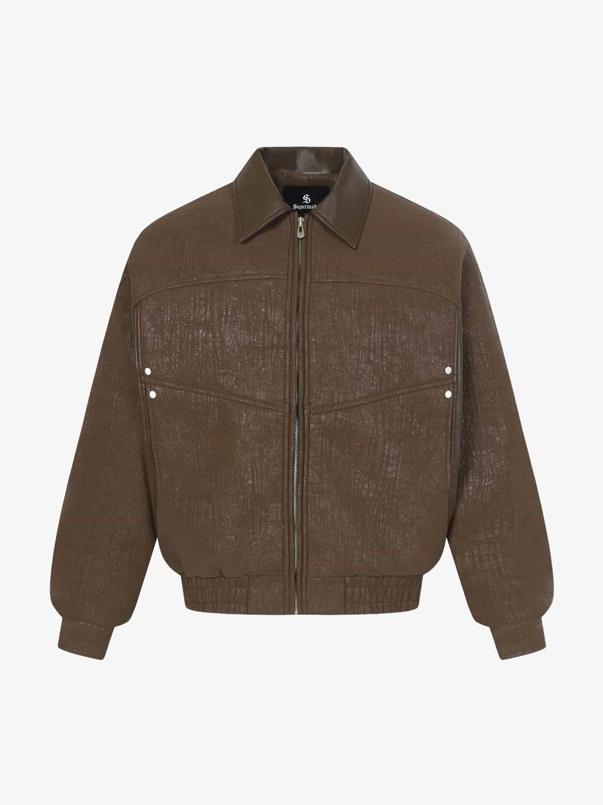 Retro Textured PU Patchwork Workwear Bomber Jacket