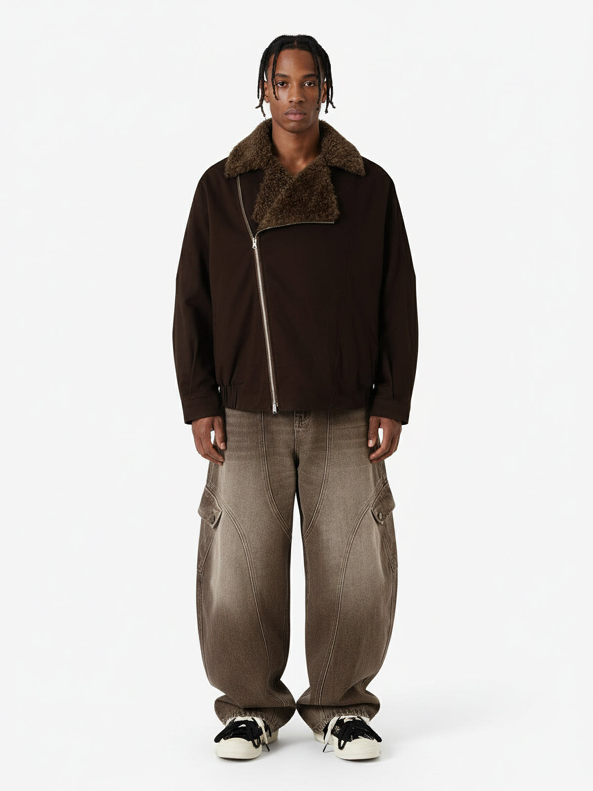 Street Punk Oblique Zipper Lambswool Collar Quilted Jacket