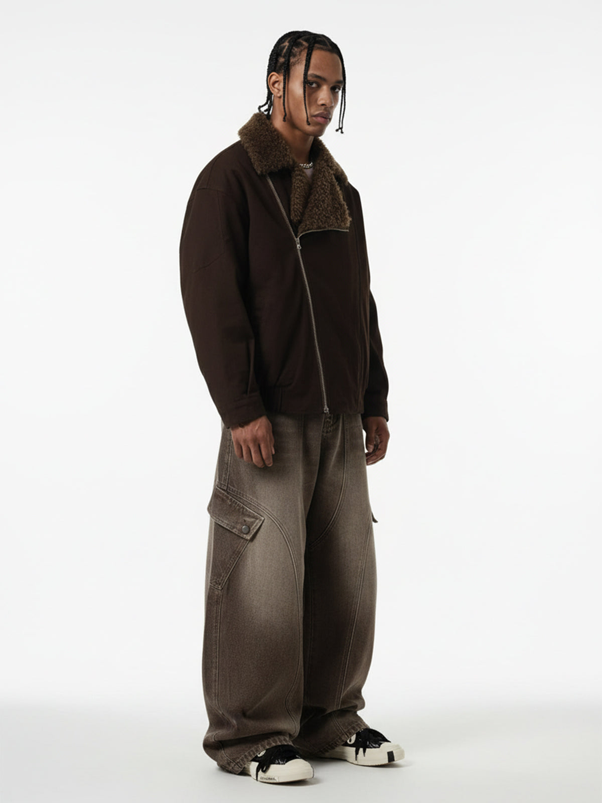 Street Punk Oblique Zipper Lambswool Collar Quilted Jacket