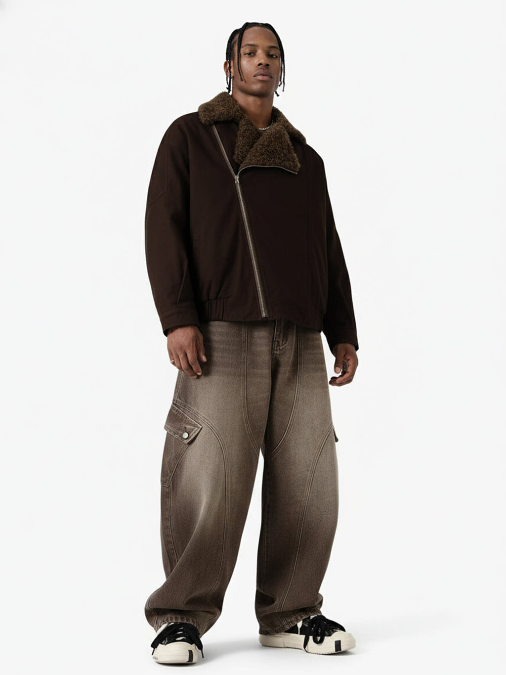 Street Punk Oblique Zipper Lambswool Collar Quilted Jacket