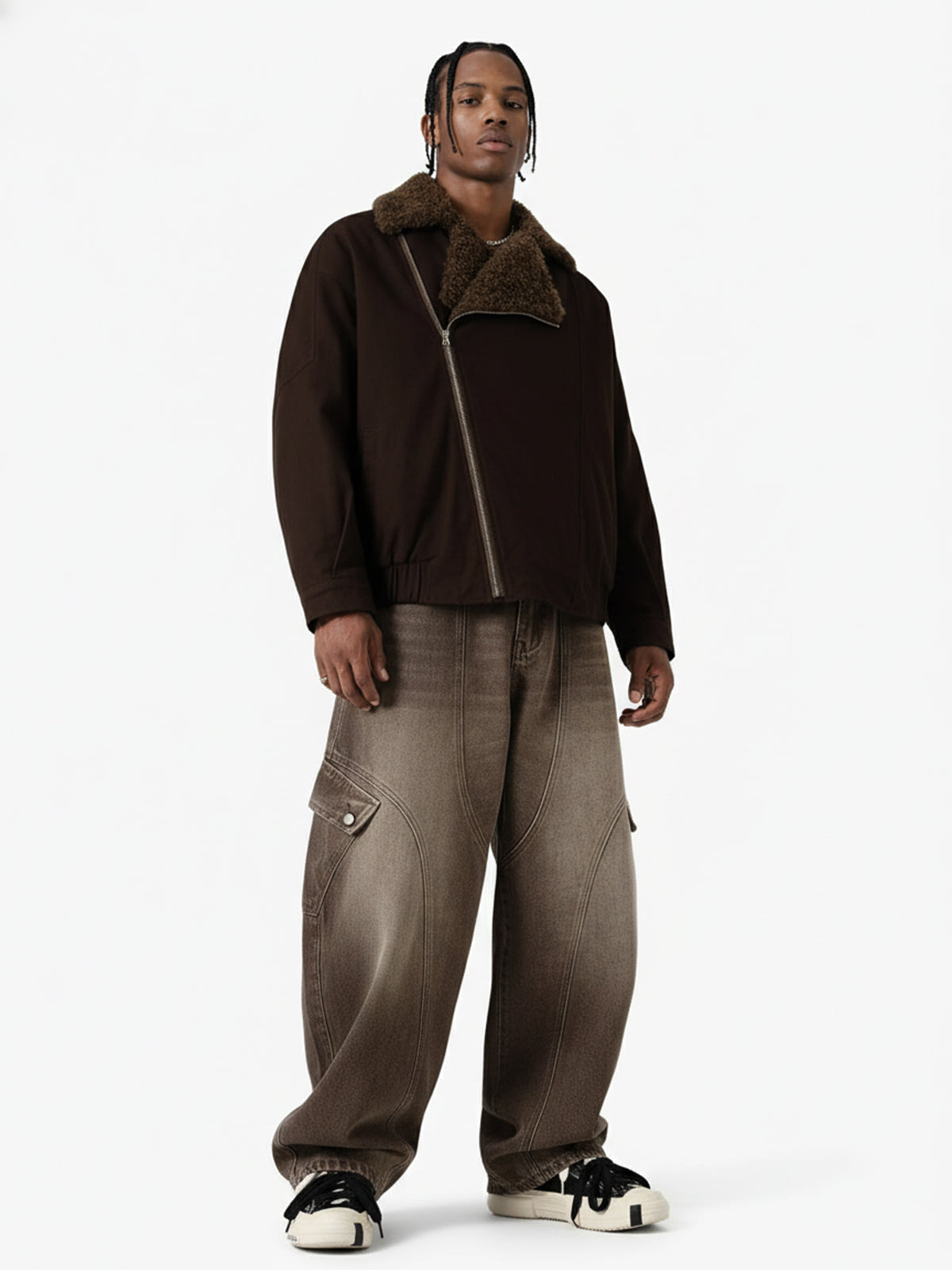 Street Punk Oblique Zipper Lambswool Collar Quilted Jacket