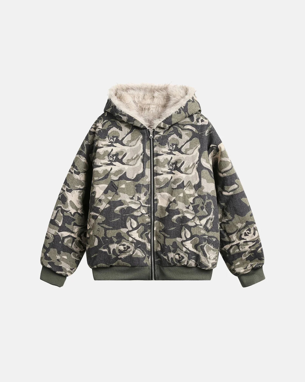 Camo Faux Fur Padded Hooded Jacket | INFLATION Streetwear