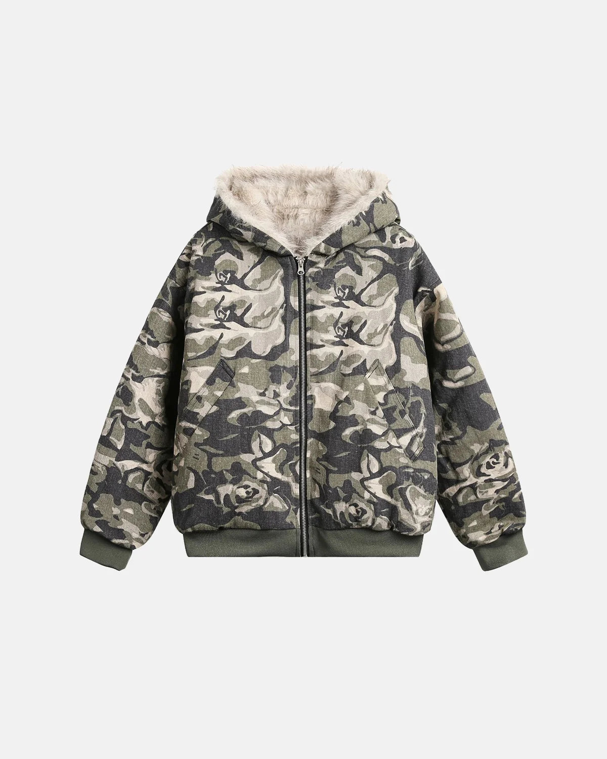 Camo Faux Fur Padded Hooded Jacket | INFLATION Streetwear