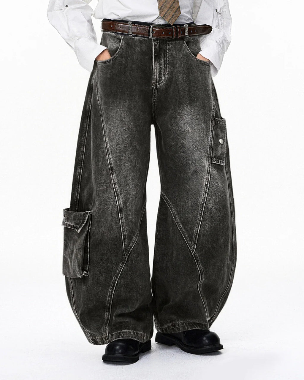 Distressed Washed Cargo Barrel Jeans | Streetwear