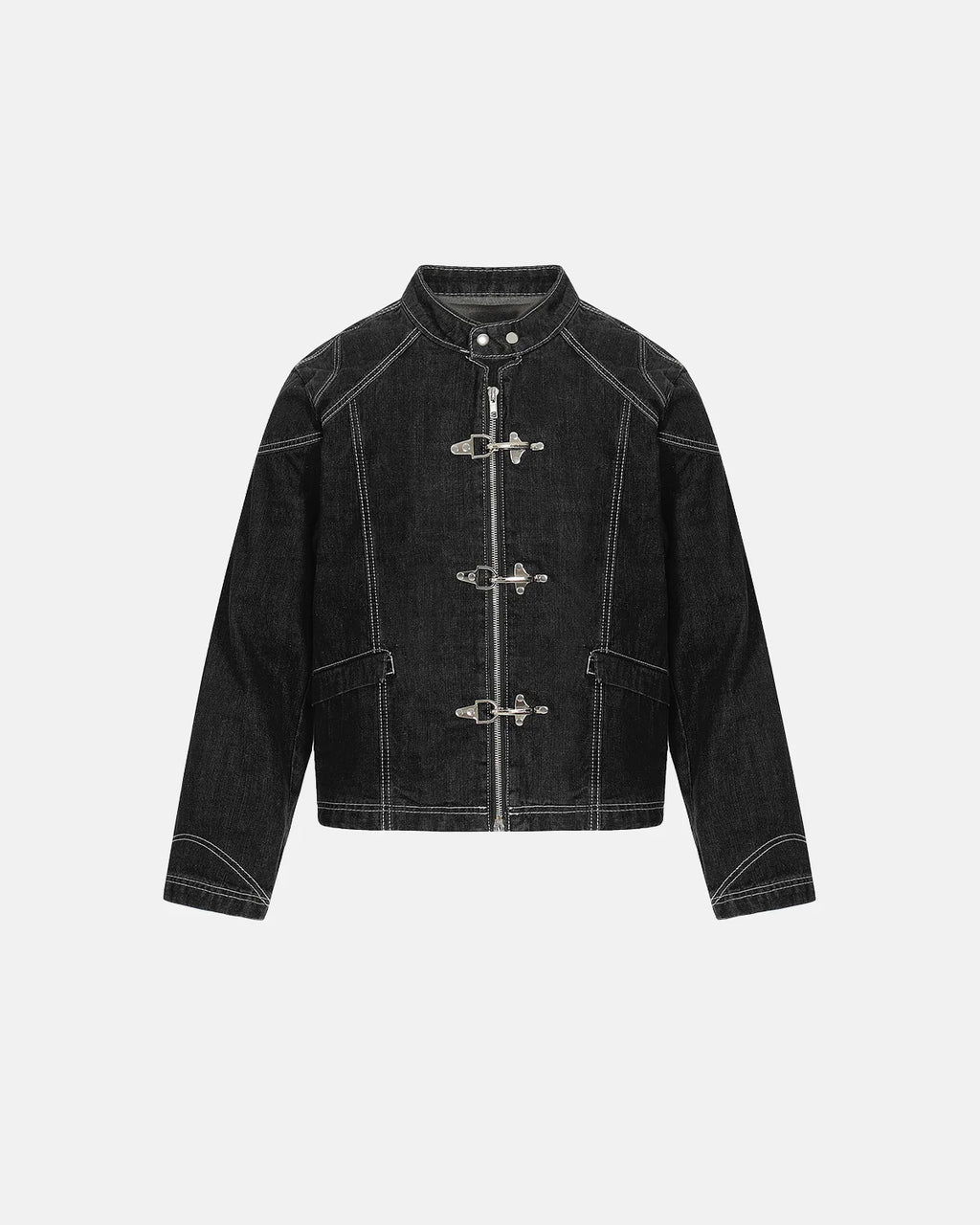 Stand Collar Raw Clasp Denim Jacket | Inflation Streetwear