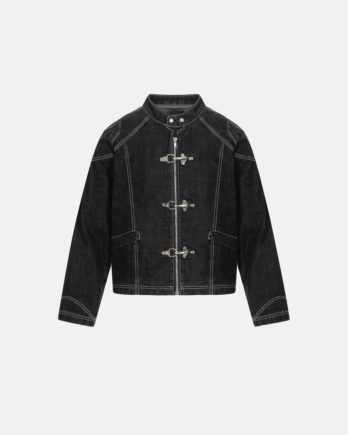 Stand Collar Raw Clasp Denim Jacket | Inflation Streetwear