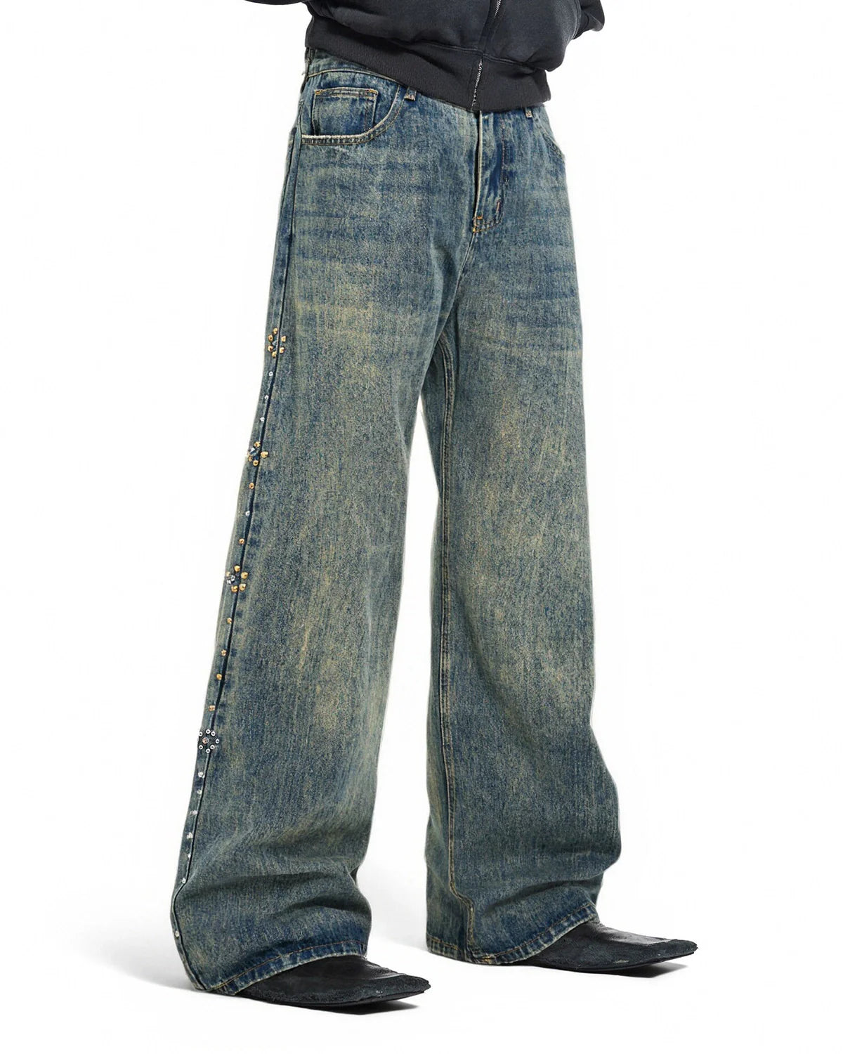 Acid Wash Beaded Studded Baggy Jeans | Inflation Streetwear