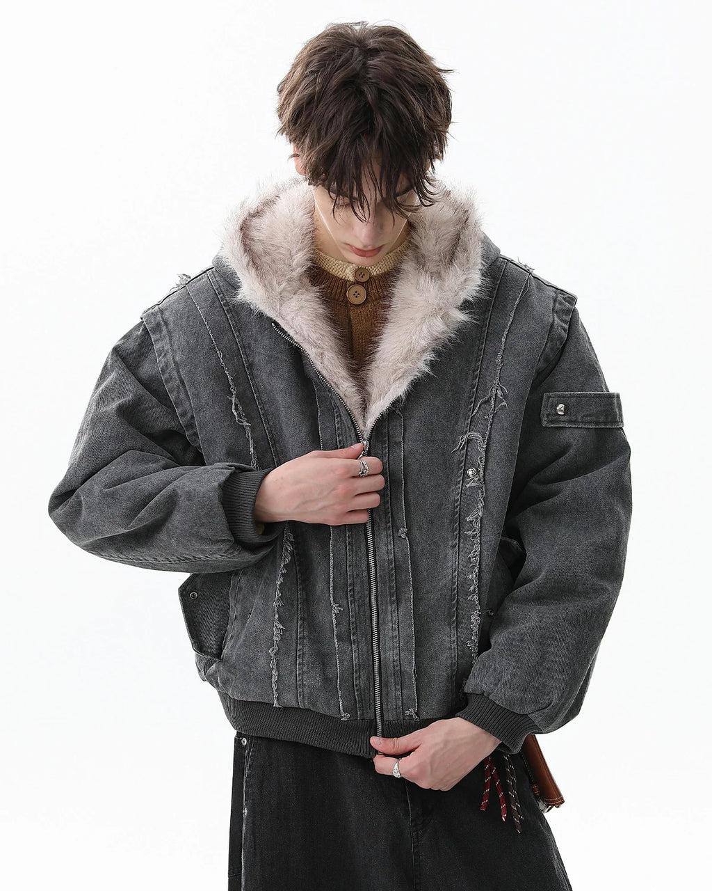 Faux Fur Lined Washed Hooded Jacket | Inflation Streetwear