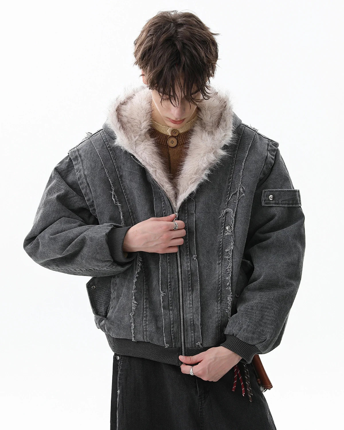 Faux Fur Lined Washed Hooded Jacket | Inflation Streetwear