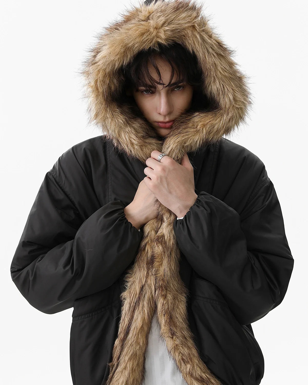 Faux Fur Hooded Green Padded Jacket | INFLATION Streetwear