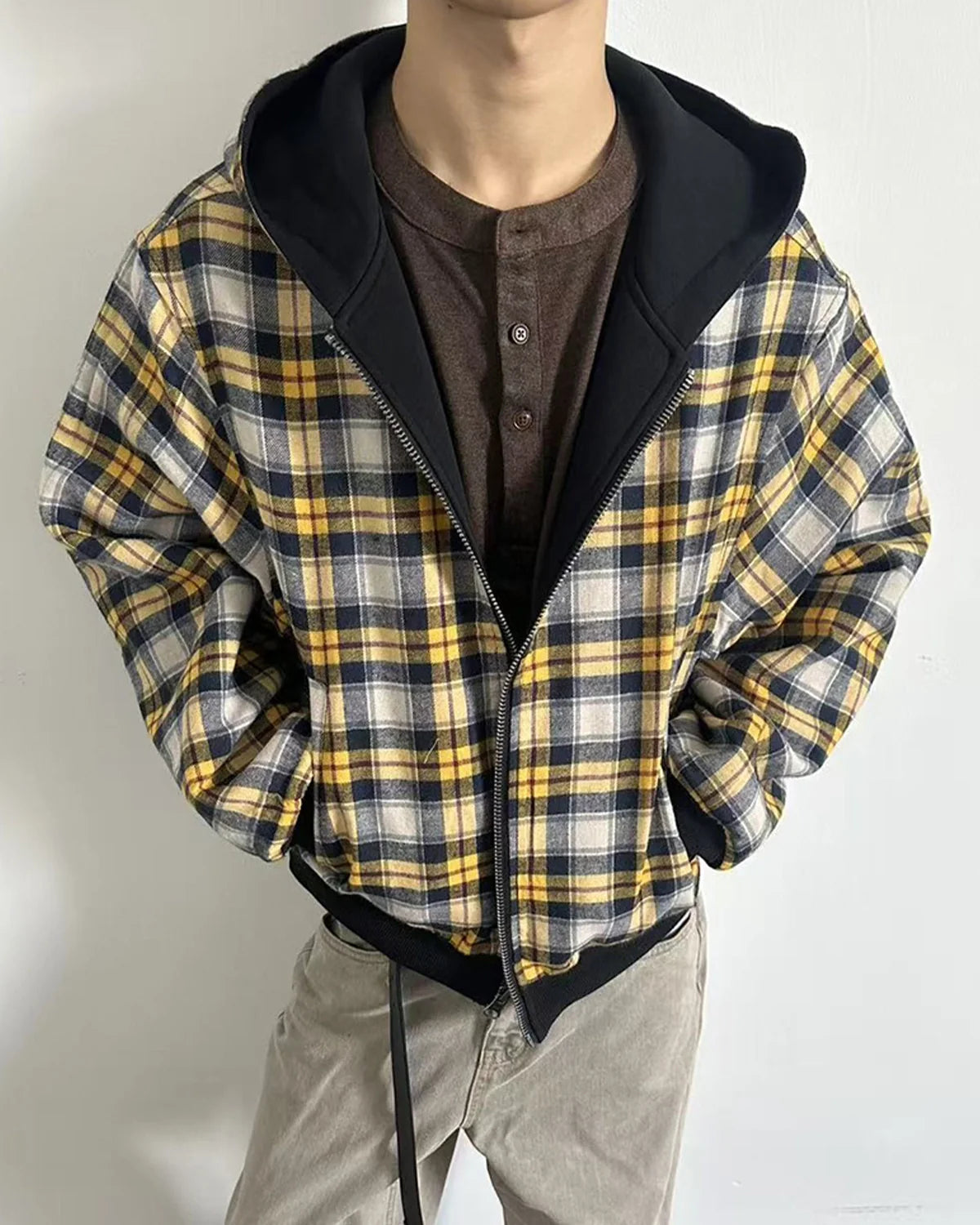 Yellow Plaid Reversible Zip-Up Hoodie | INFLATION Streetwear