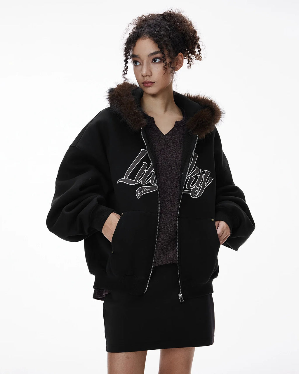 Faux Fur Collar Zip Up Hoodie Jacket  | Inflation Streetwear