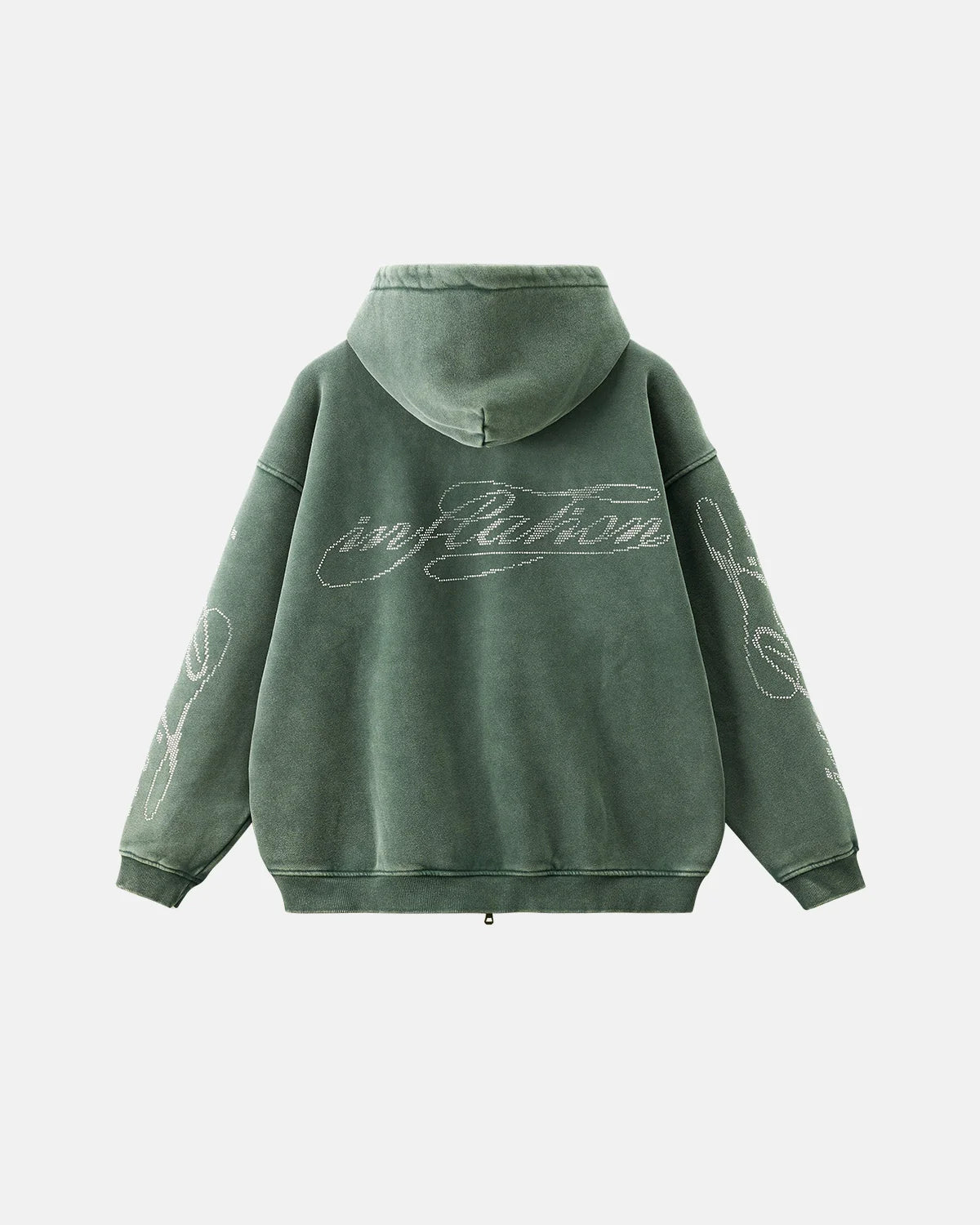 Logo Rhiestone Distressed Washed Zip Up Hoodies | Inflation Streetwear