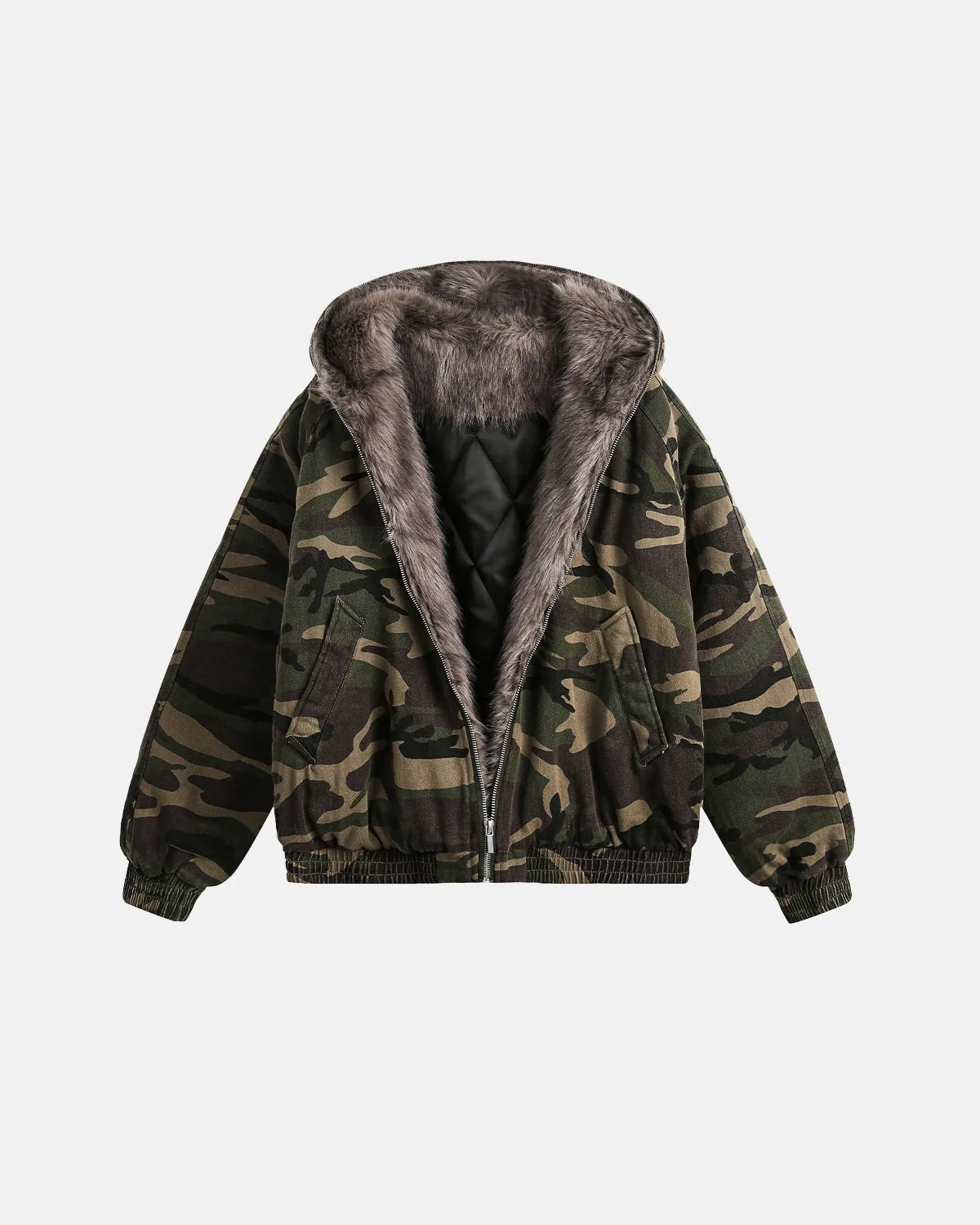 Camo Faux Fur Lined Bomber Jacket | Inflation Streetwear