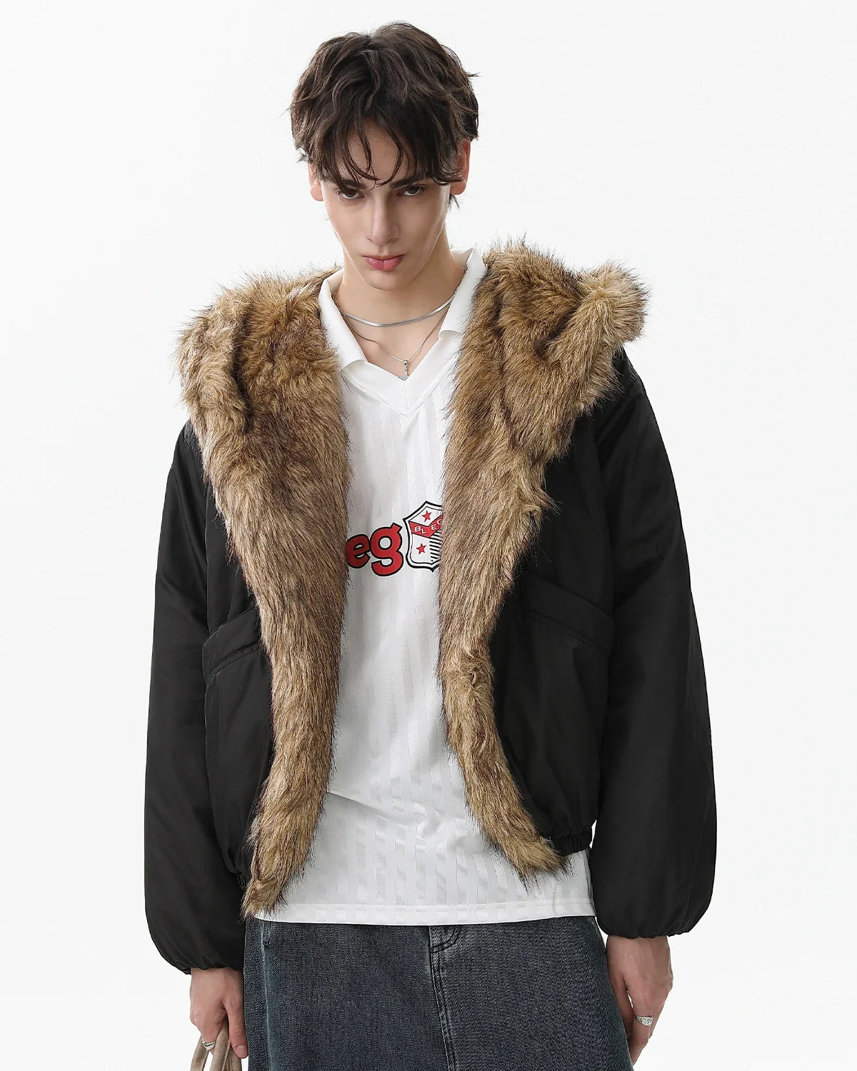 Faux Fur Hooded Green Padded Jacket | INFLATION Streetwear
