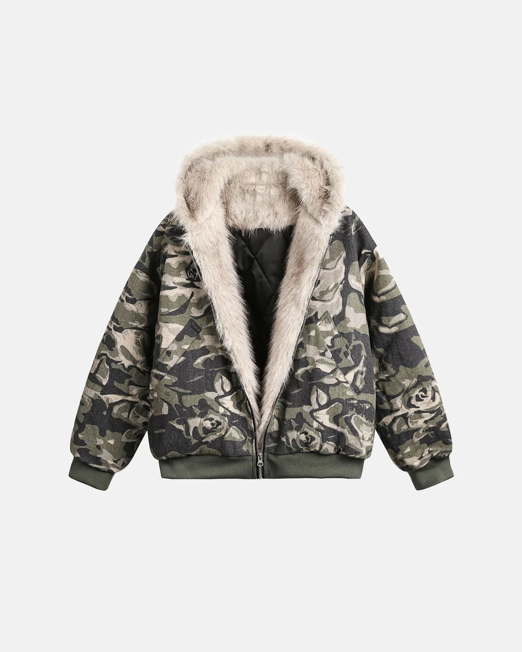 Camo Faux Fur Padded Hooded Jacket | INFLATION Streetwear