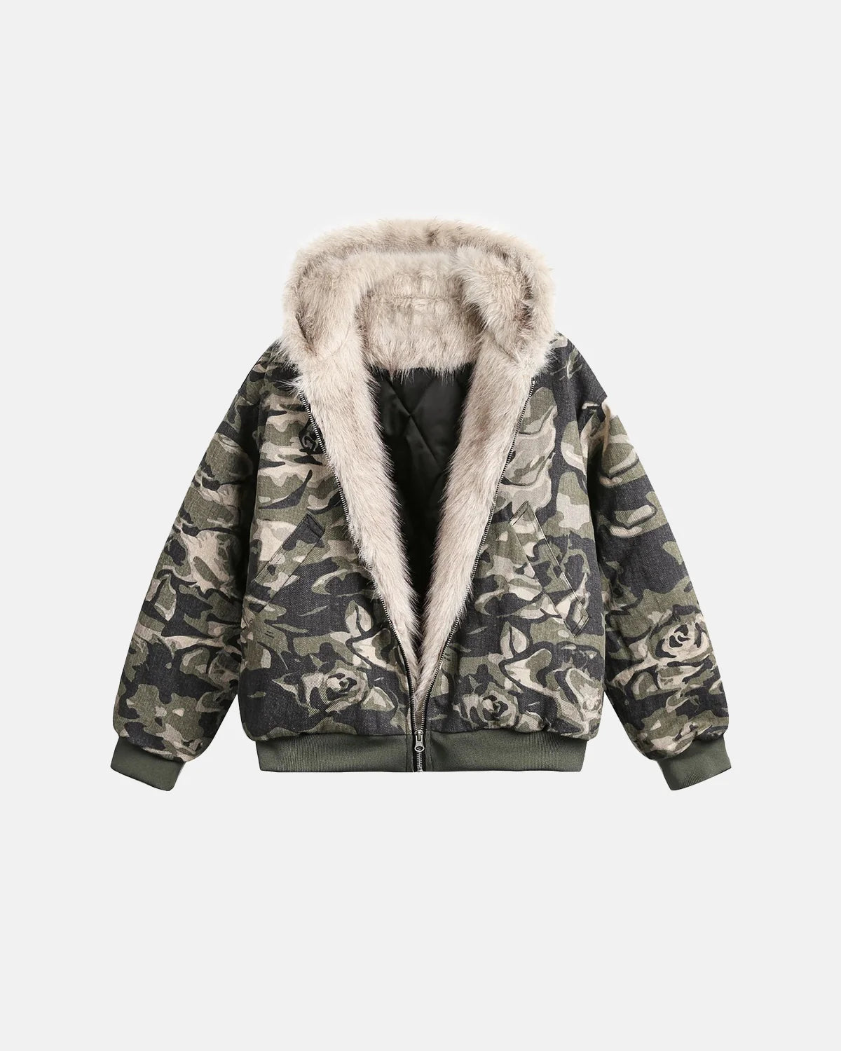 Camo Faux Fur Padded Hooded Jacket | INFLATION Streetwear