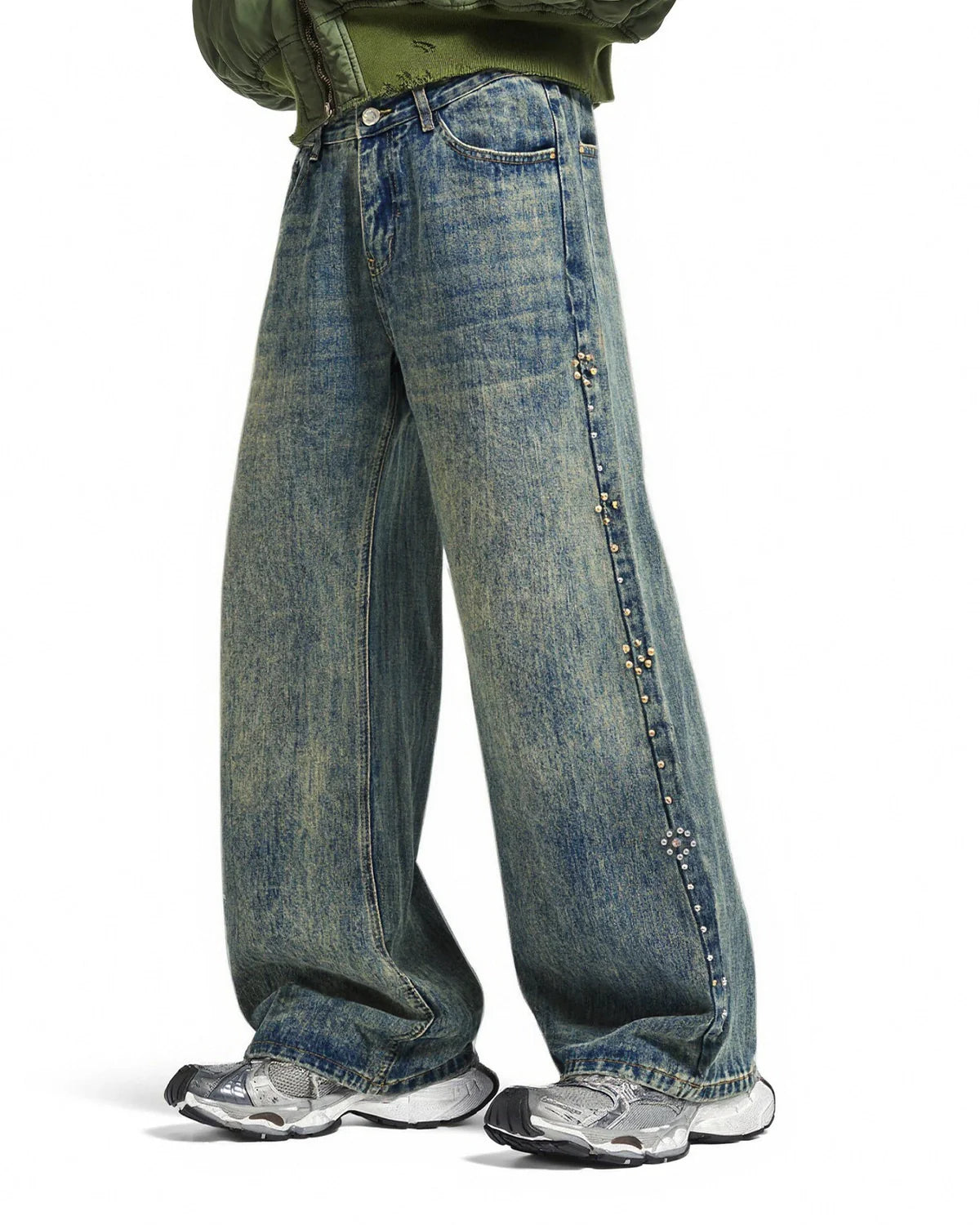 Acid Wash Beaded Studded Baggy Jeans | Inflation Streetwear
