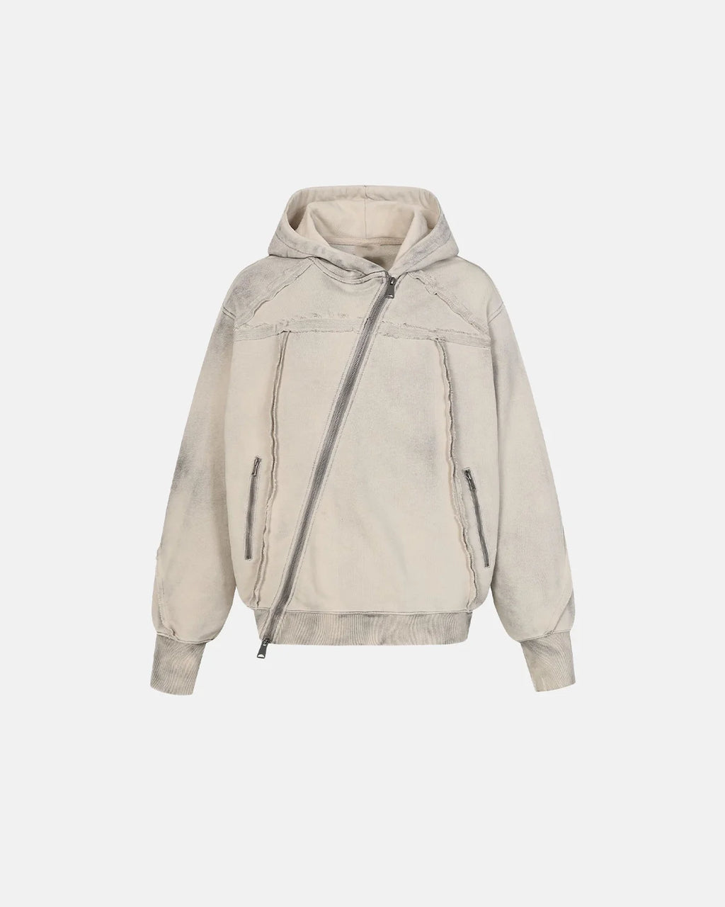 Diagonal Zipper Acid-Washed Hoodie | INFLATION Streetwear