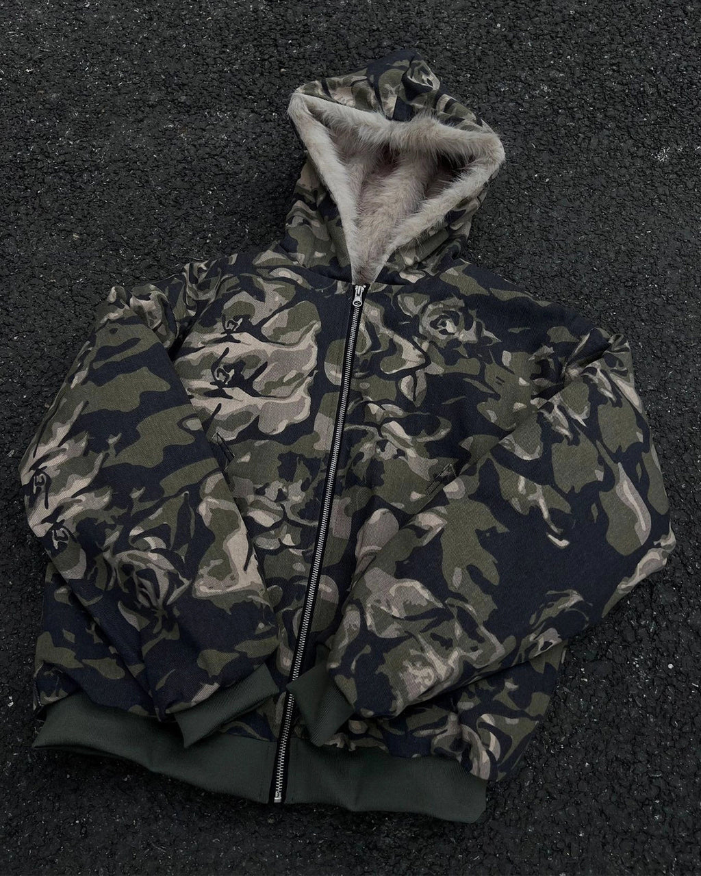 Camo Faux Fur Padded Hooded Jacket | INFLATION Streetwear
