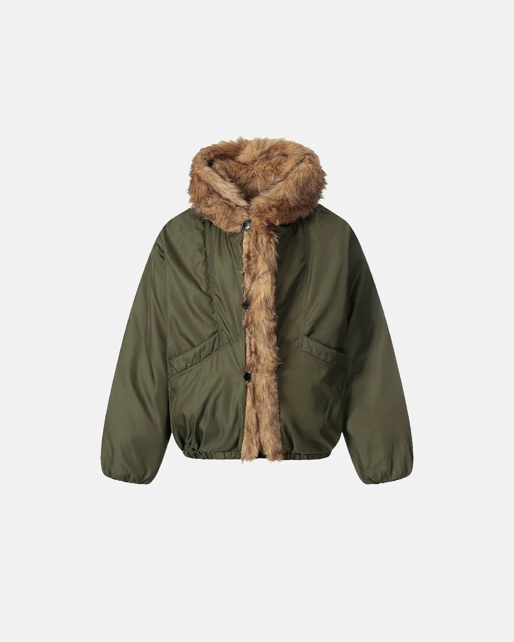Faux Fur Hooded Green Padded Jacket | INFLATION Streetwear