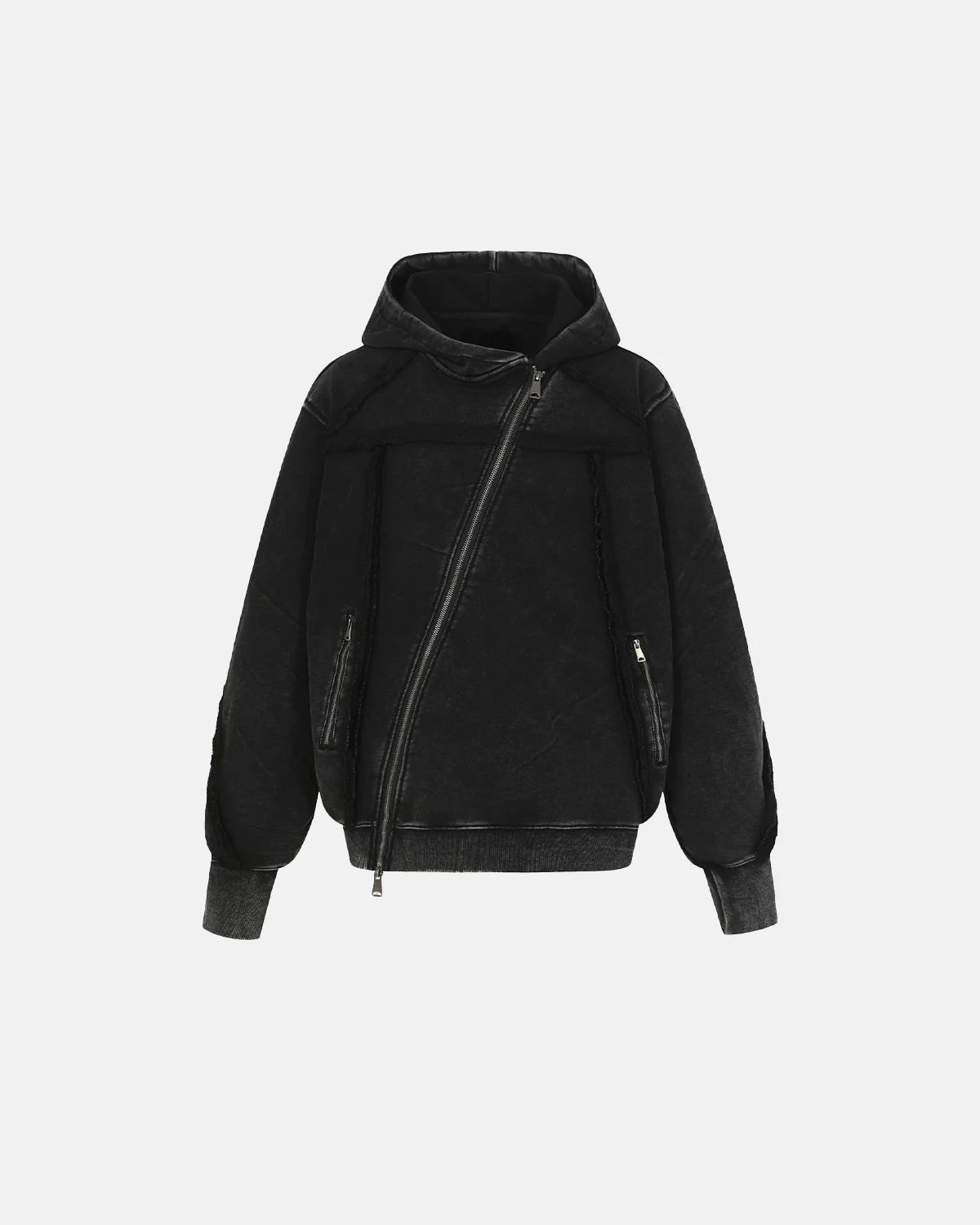 Diagonal Zipper Acid-Washed Hoodie | INFLATION Streetwear