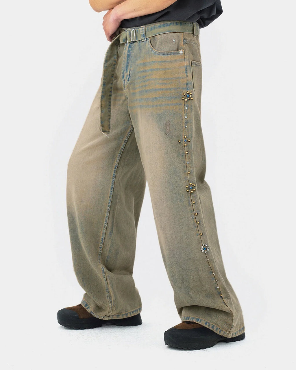 Beaded Studded Washed Baggy Jeans | INFLATION Streetwear