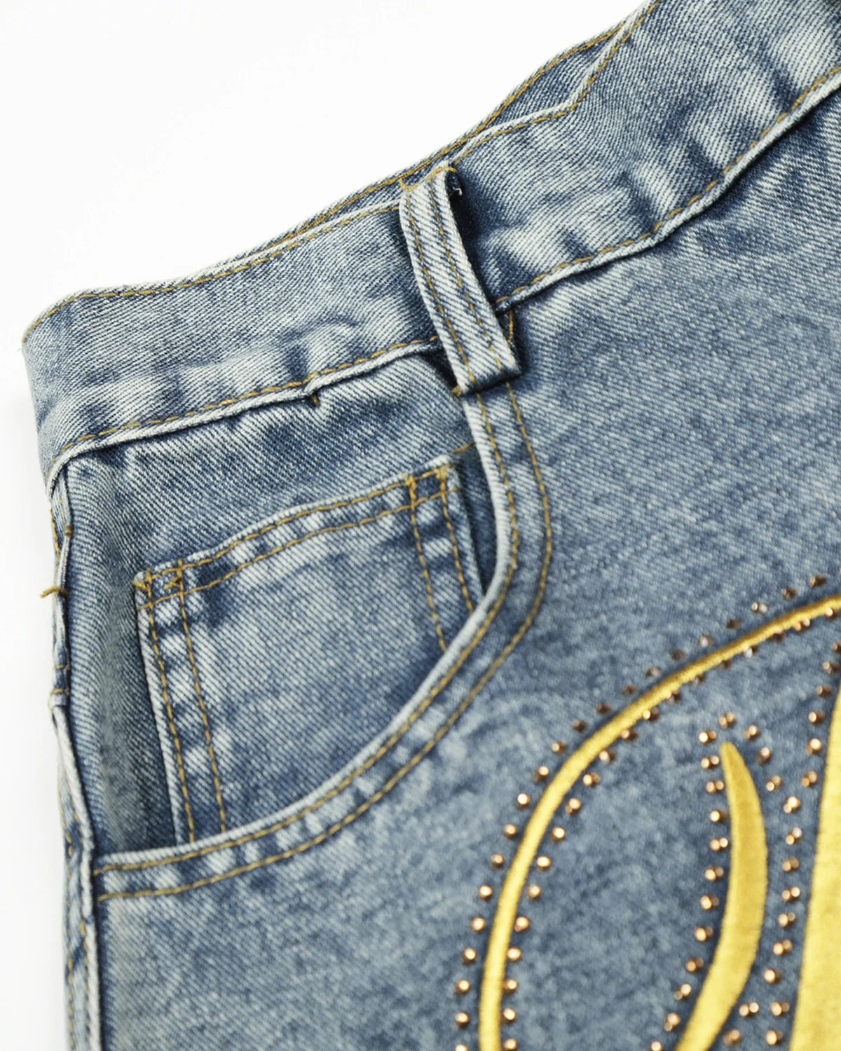 Rivets Embroidered Baggy Jeans | INFLATION Streetwear