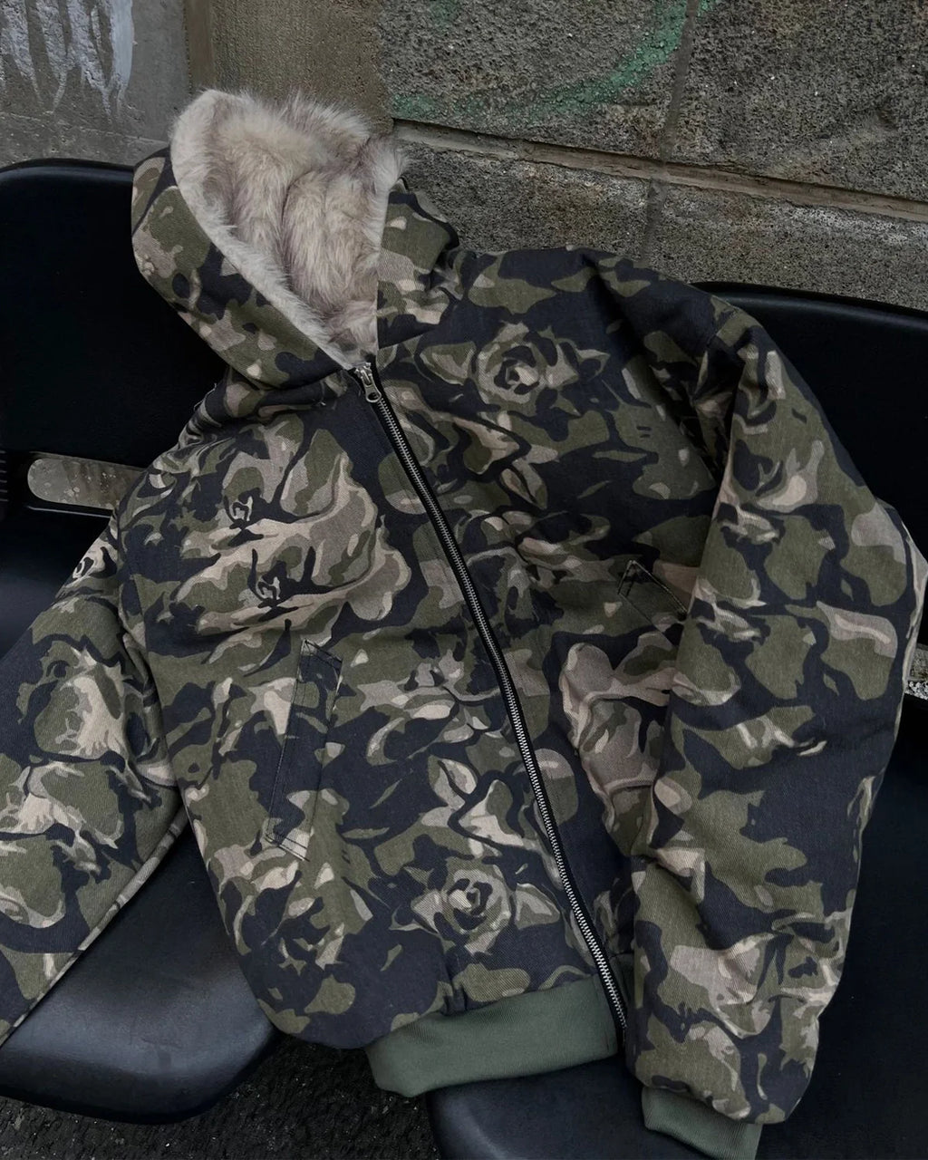 Camo Faux Fur Padded Hooded Jacket | INFLATION Streetwear