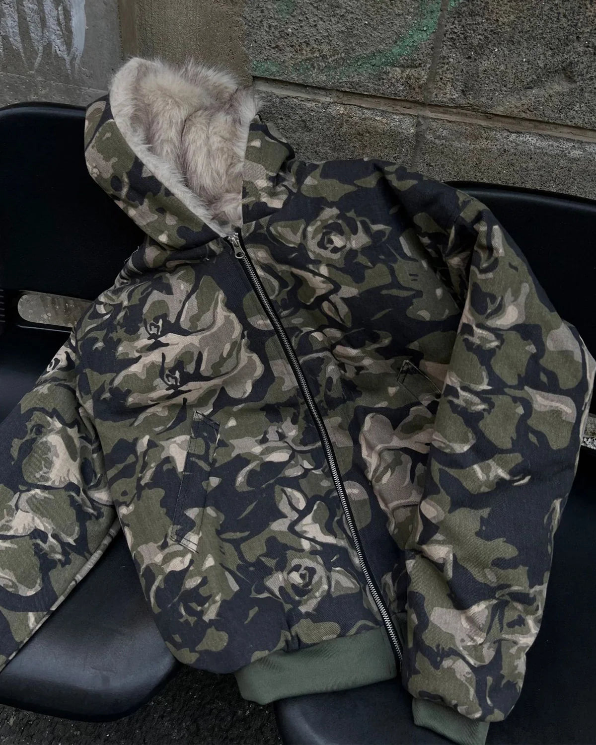Camo Faux Fur Padded Hooded Jacket | INFLATION Streetwear