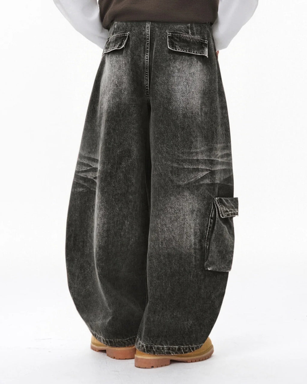 Distressed Washed Cargo Barrel Jeans | Streetwear