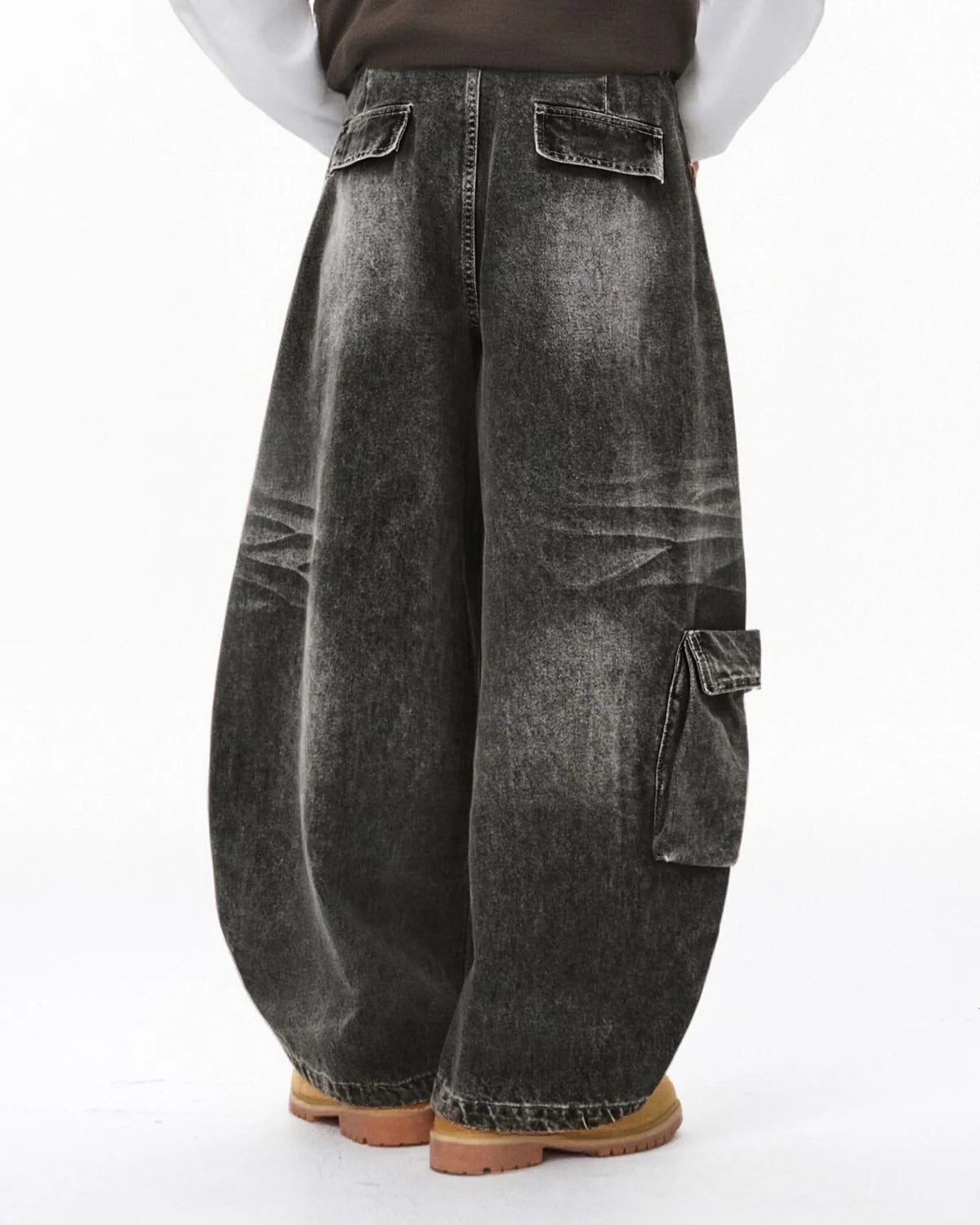 Distressed Washed Cargo Barrel Jeans | Streetwear