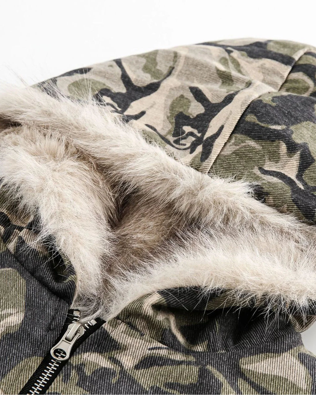 Camo Faux Fur Padded Hooded Jacket | INFLATION Streetwear