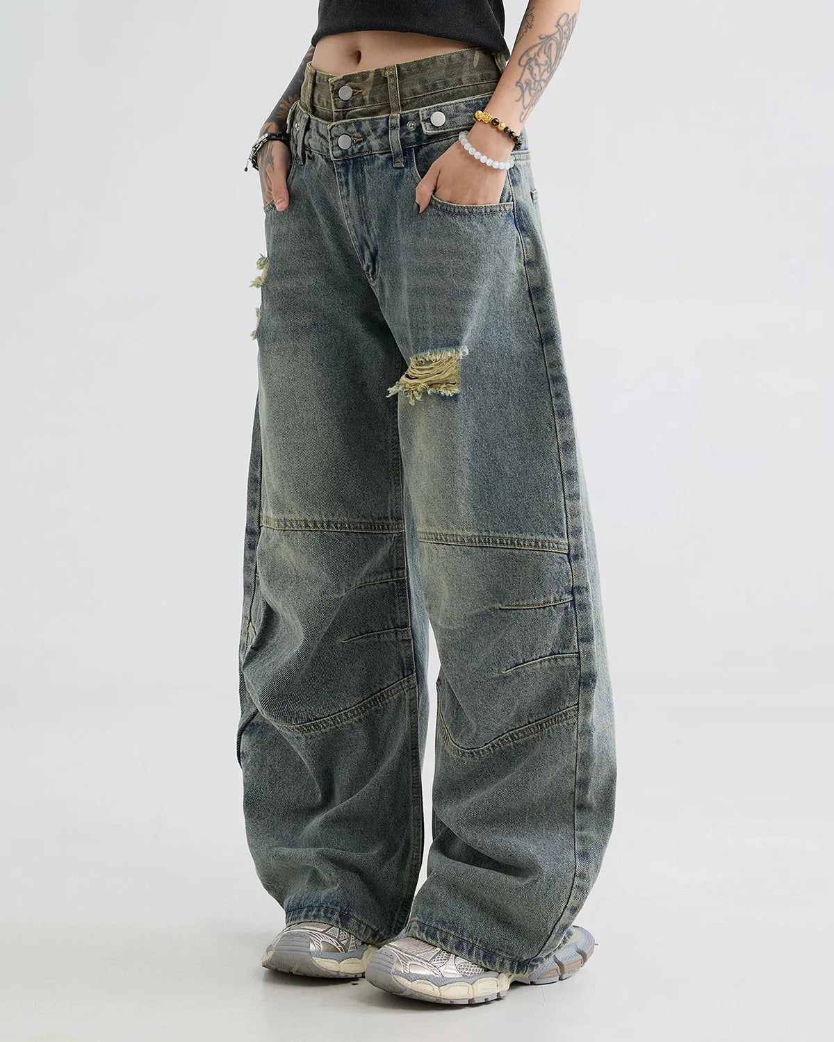 Double Waist Ripped Baggy Jeans | Inflation Streetwear