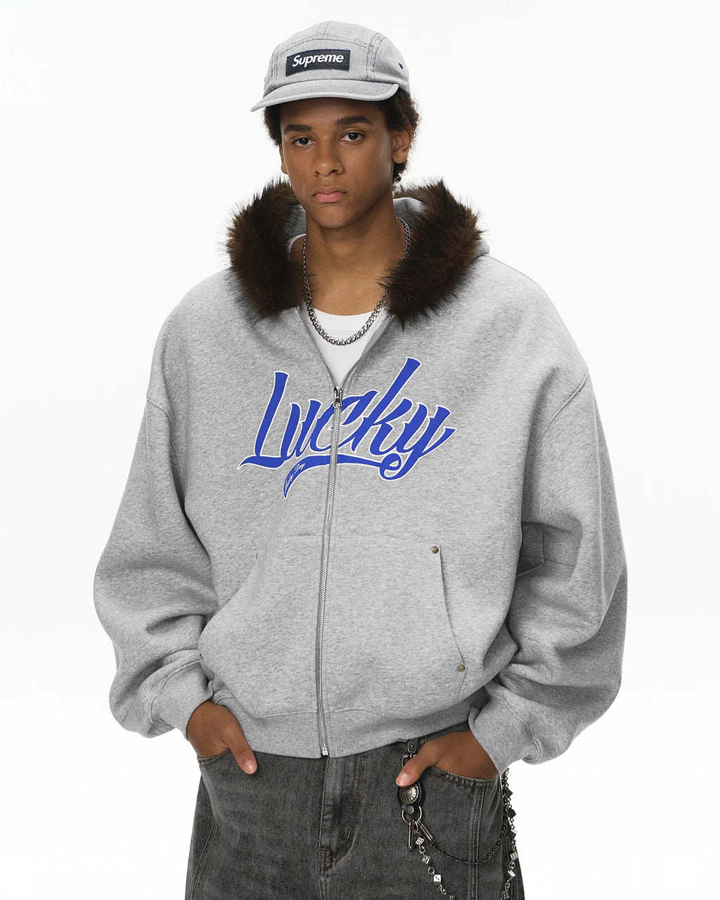 Faux Fur Collar Zip Up Hoodie Jacket  | Inflation Streetwear