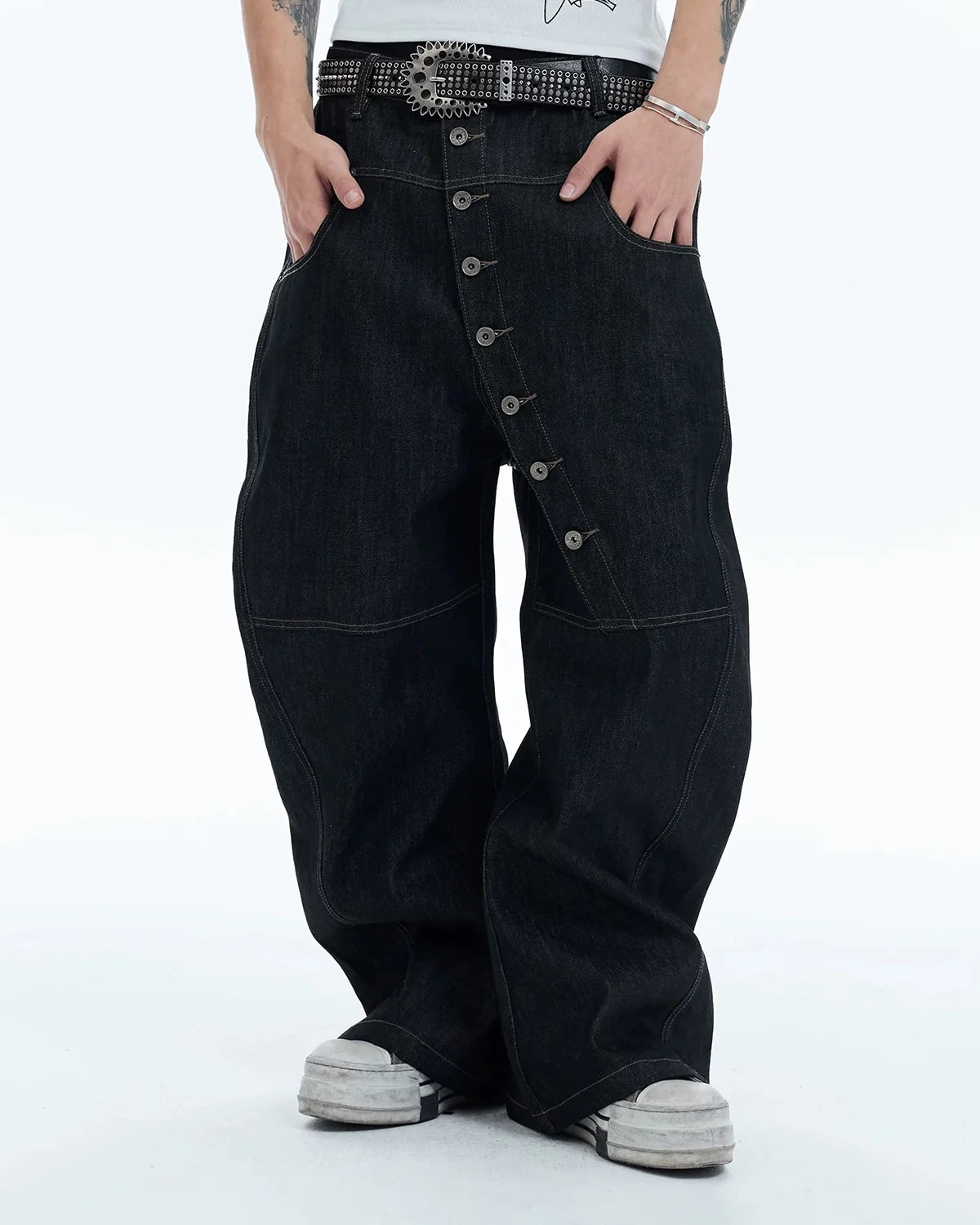 Button Detail Raw Baggy Jeans | Inflation Streetwear