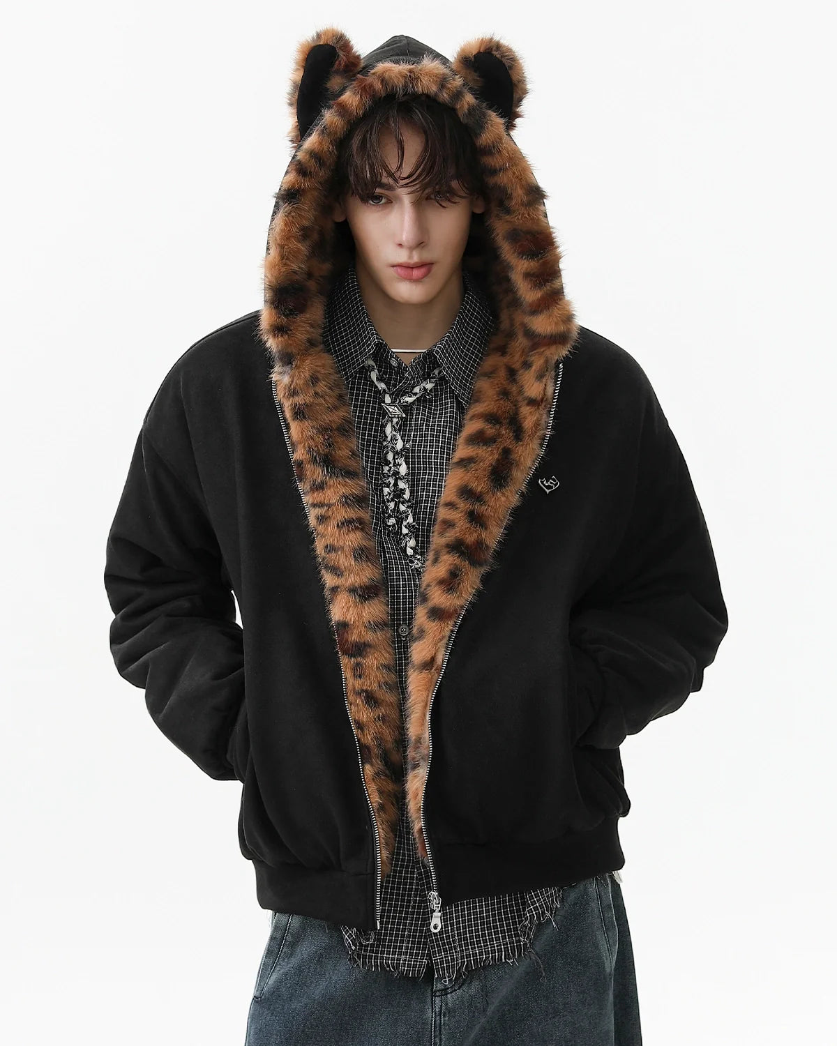 Faux Fur Leopard Sueded Hooded Jacket | INFLATION Streetwear